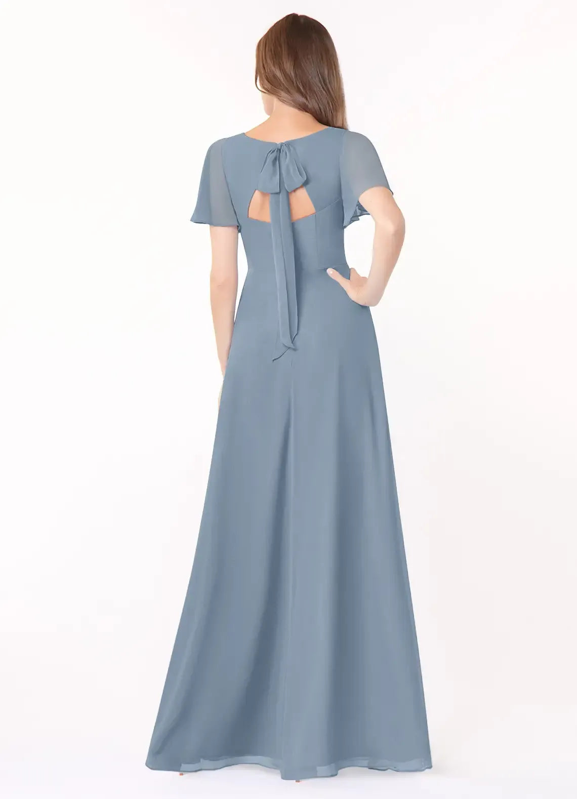 Dusty Blue V Neck Flutter Short Sleeve Back Tie Keyhole High Slit Floor Length A Line Chiffon Bridesmaid Dress