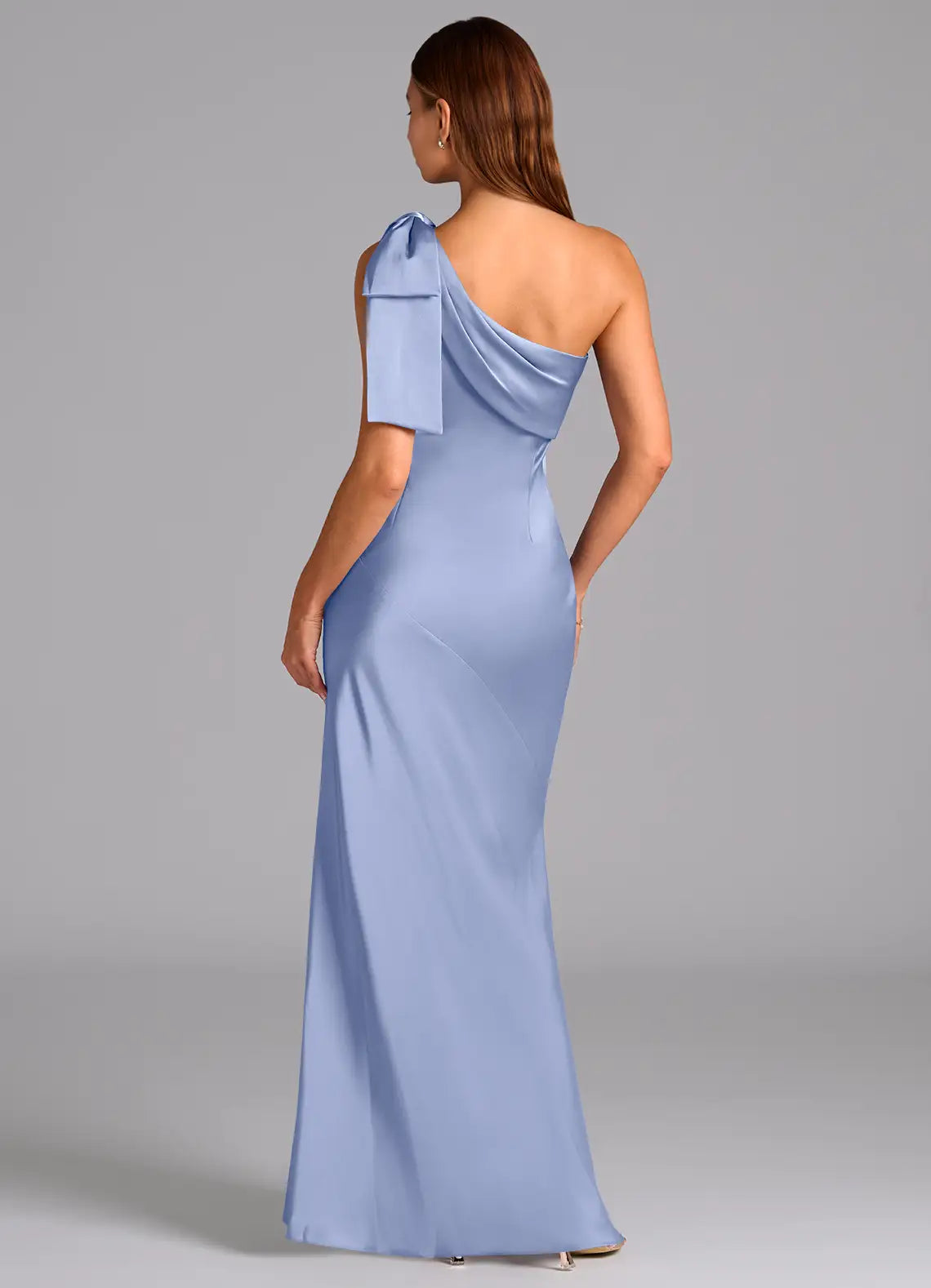 Dusty Blue One Shoulder Big Bow Mermaid Satin Maxi Bridesmaid Dress