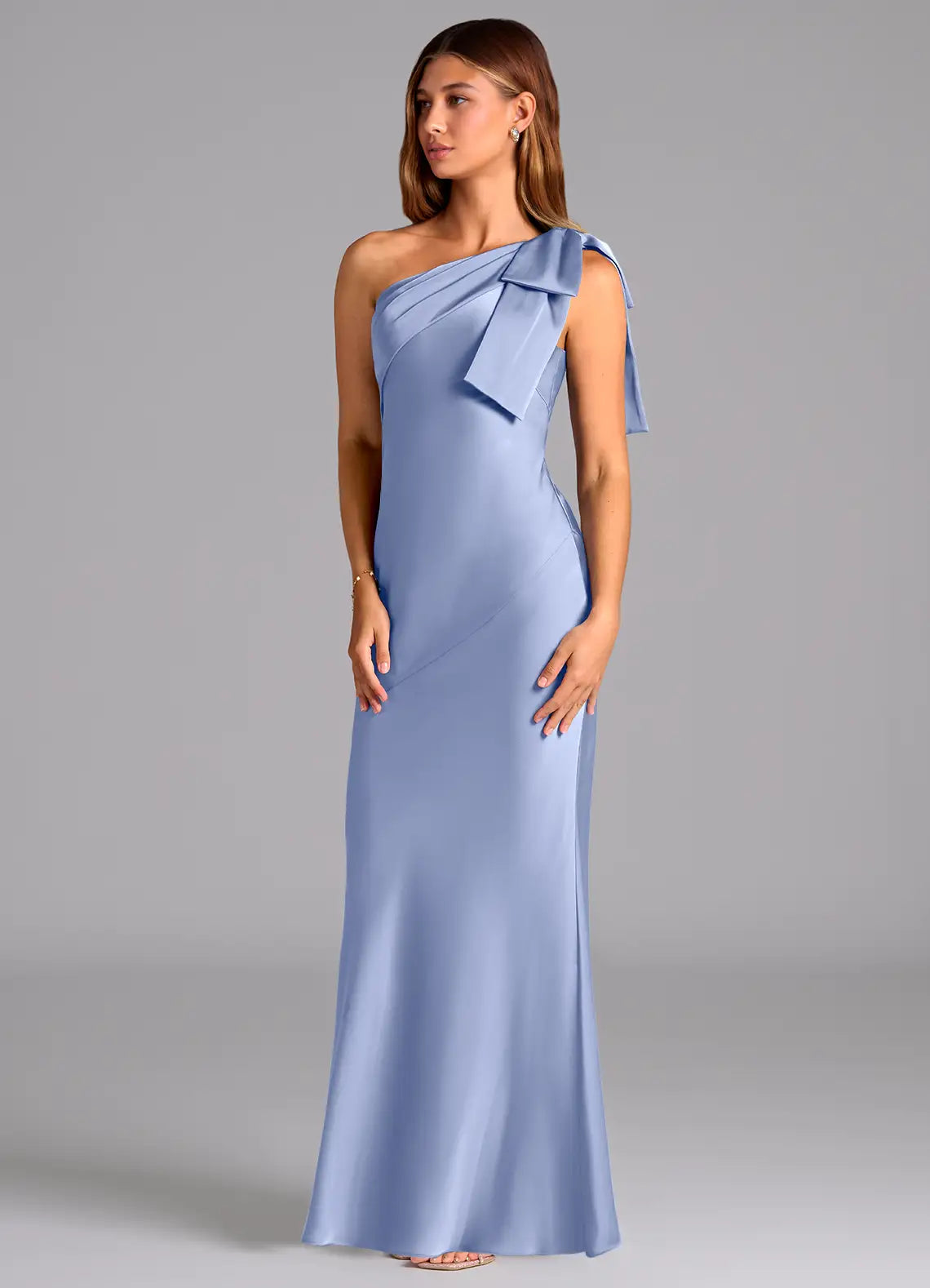 Dusty Blue One Shoulder Big Bow Mermaid Satin Maxi Bridesmaid Dress