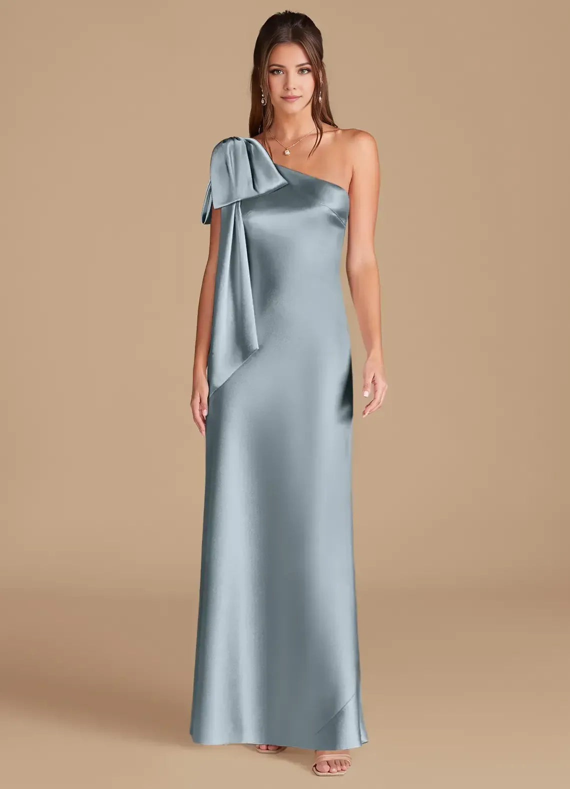 Dusty Blue One Shoulder Oversized Bow Floor Length Column Satin Bridesmaid Dress
