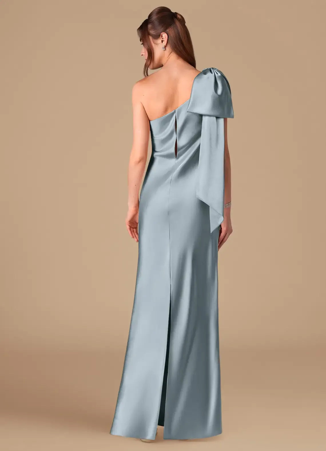 Dusty Blue One Shoulder Oversized Bow Floor Length Column Satin Bridesmaid Dress