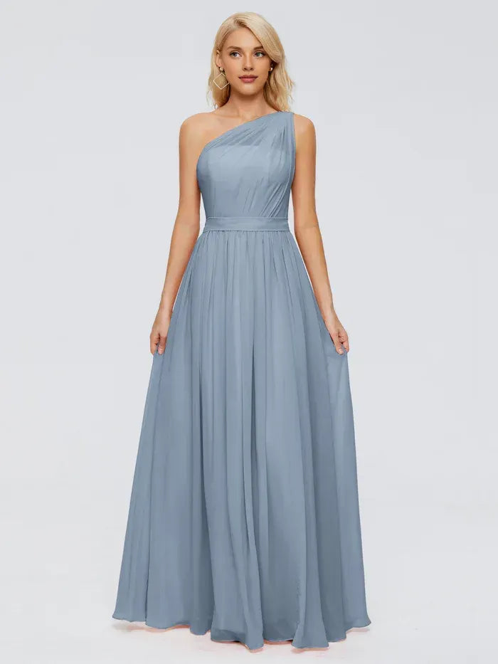 Dusty Blue One Shoulder Pleated Waistband Floor Length A Line Chiffon Bridesmaid Dress