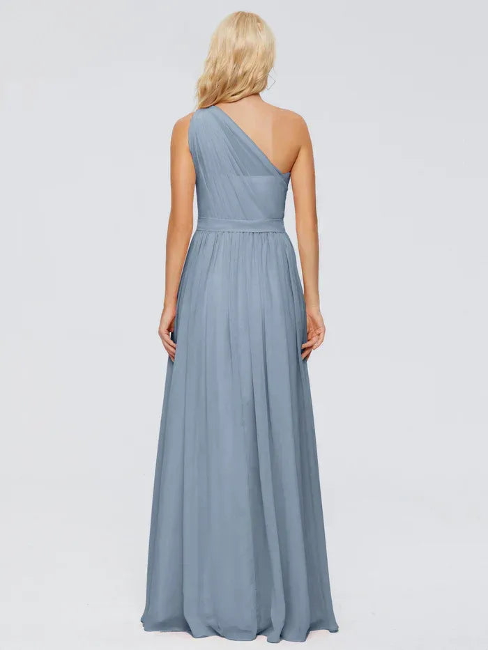 Dusty Blue One Shoulder Pleated Waistband Floor Length A Line Chiffon Bridesmaid Dress
