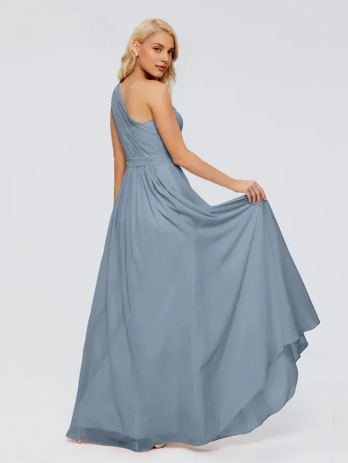 Dusty Blue One Shoulder Pleated Waistband Floor Length A Line Chiffon Bridesmaid Dress