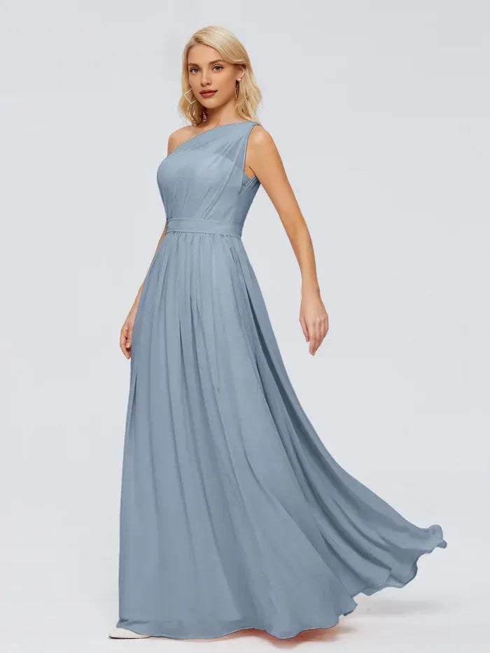 Dusty Blue One Shoulder Pleated Waistband Floor Length A Line Chiffon Bridesmaid Dress