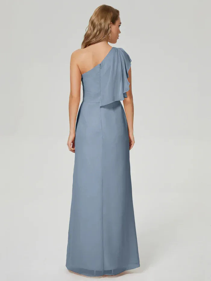 Dusty Blue One Shoulder Ruffle High Slit Floor Length A Line Chiffon Bridesmaid Dress