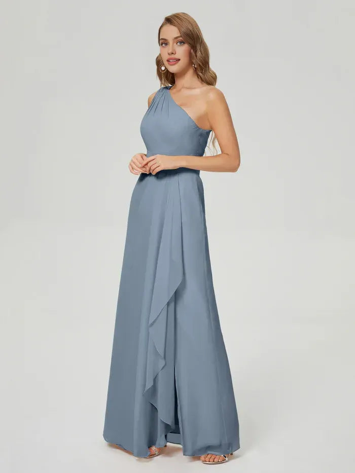 Dusty Blue One Shoulder Ruffle High Slit Floor Length A Line Chiffon Bridesmaid Dress