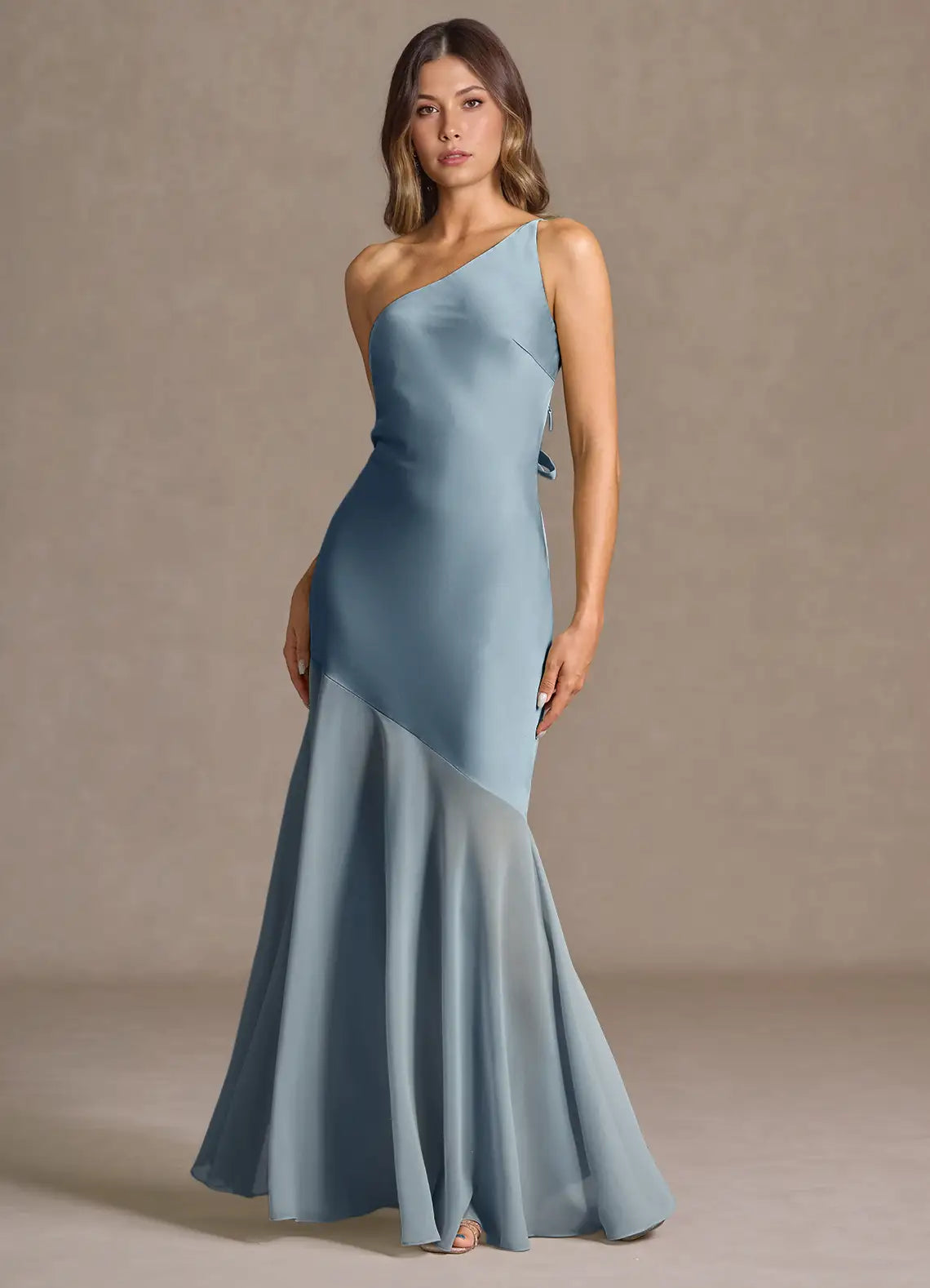Dusty Blue One Shoulder Satin Chiffon Mix Criss Cross Tie Back Mermaid Maxi Bridesmaid Dress