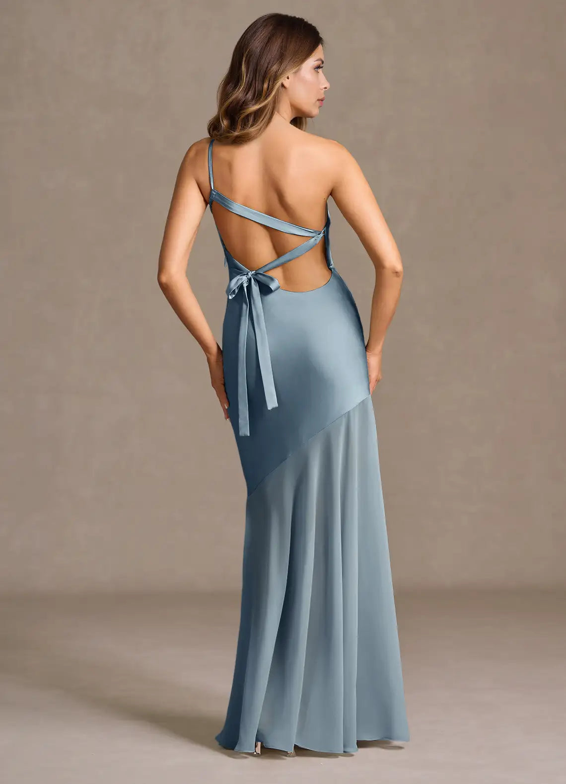 Dusty Blue One Shoulder Satin Chiffon Mix Criss Cross Tie Back Mermaid Maxi Bridesmaid Dress