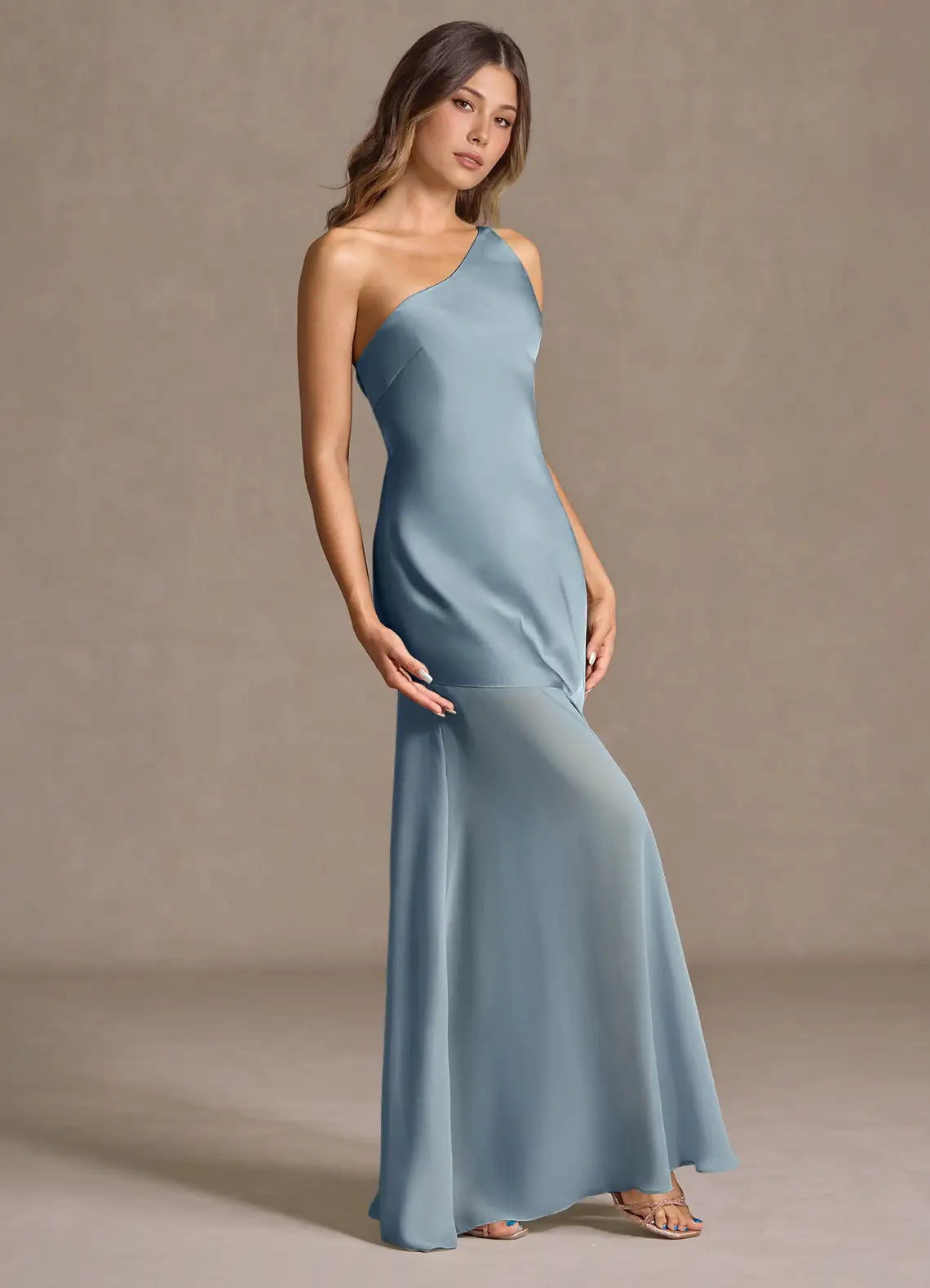Dusty Blue One Shoulder Satin Chiffon Mix Criss Cross Tie Back Mermaid Maxi Bridesmaid Dress