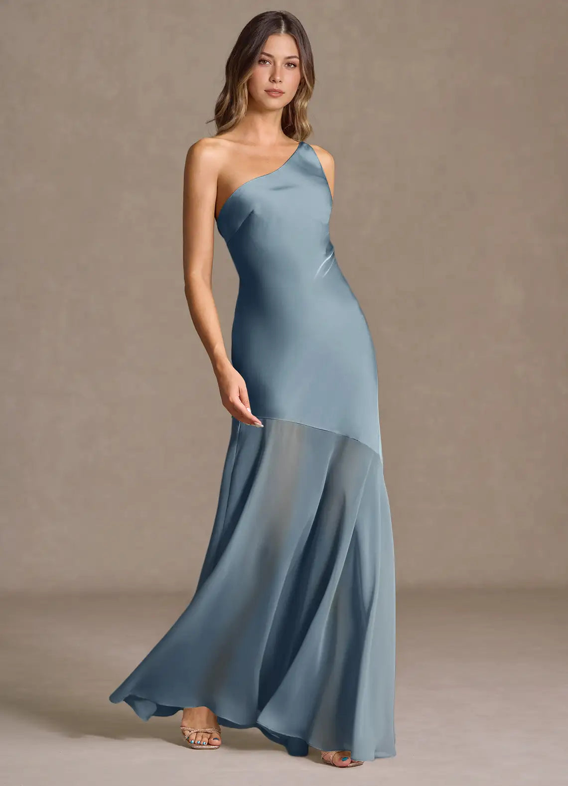 Dusty Blue One Shoulder Satin Chiffon Mix Criss Cross Tie Back Mermaid Maxi Bridesmaid Dress