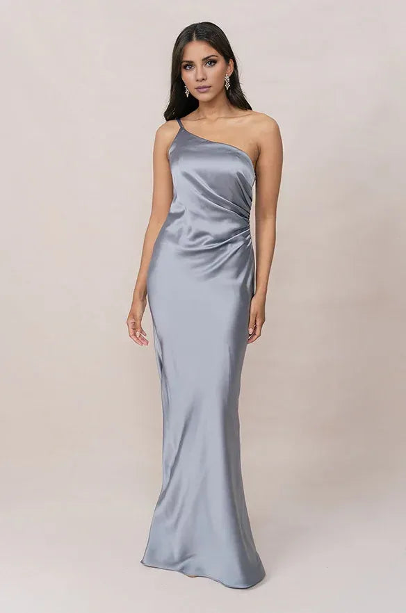 Dusty Blue One Shoulder Side Ruched Floor Length Mermaid Satin Bridesmaid Dress