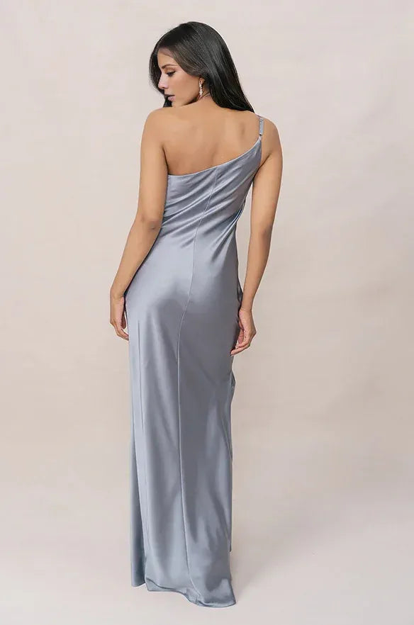 Dusty Blue One Shoulder Side Ruched Floor Length Mermaid Satin Bridesmaid Dress