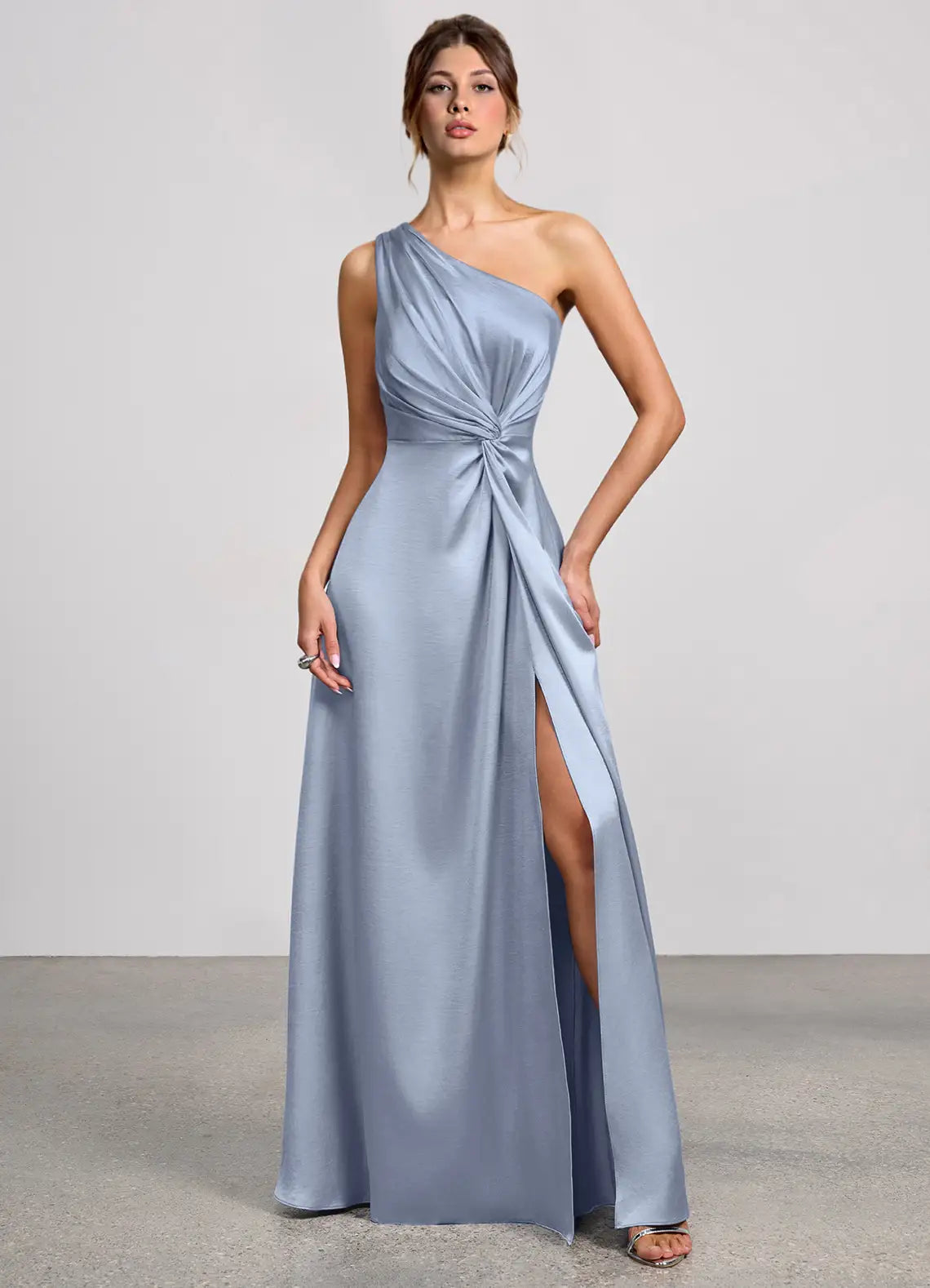 Dusty Blue One Shoulder Twist Front High Slit A Line Maxi Satin Wedding Guest Dress