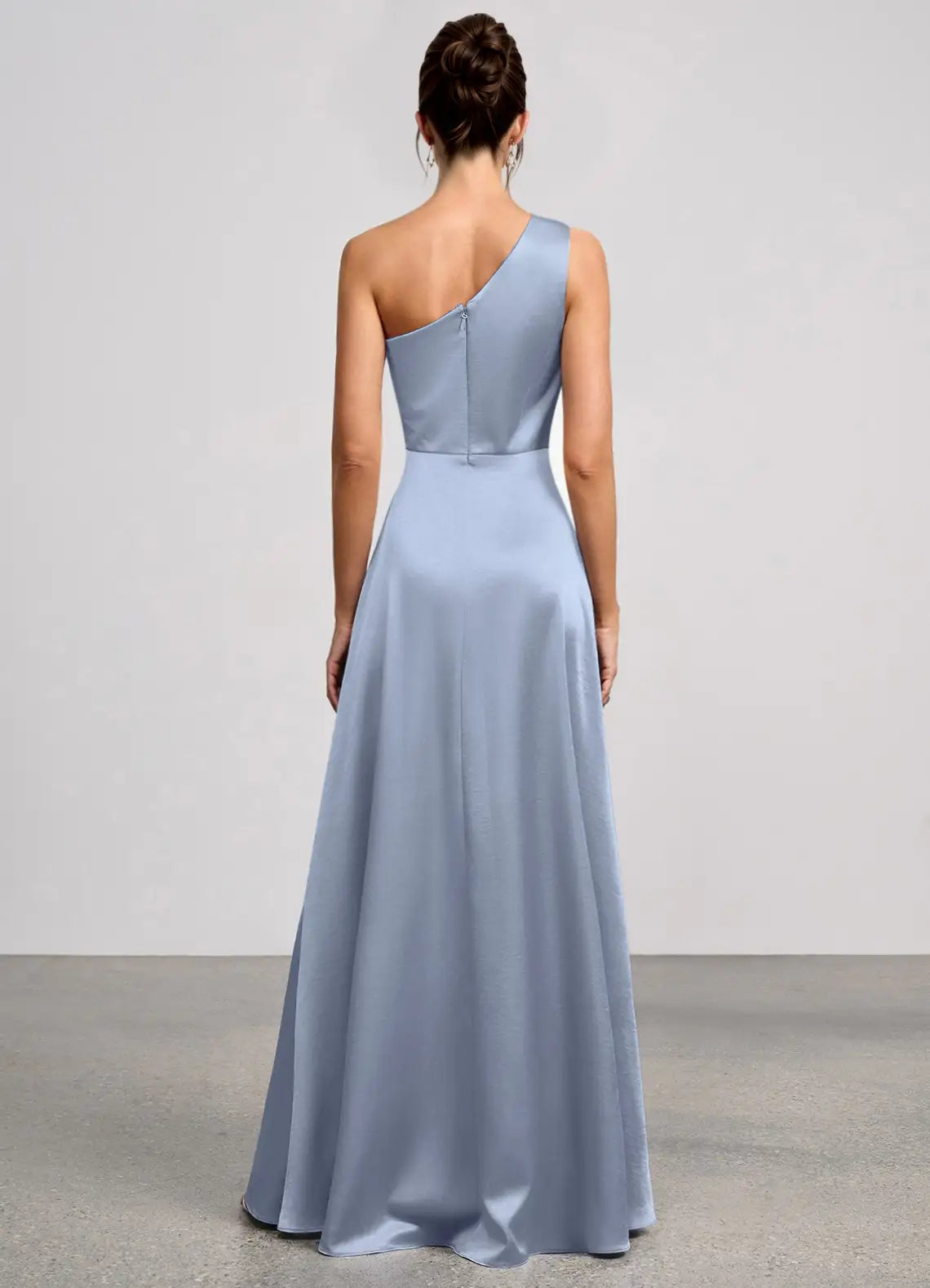 Dusty Blue One Shoulder Twist Front High Slit A Line Maxi Satin Wedding Guest Dress