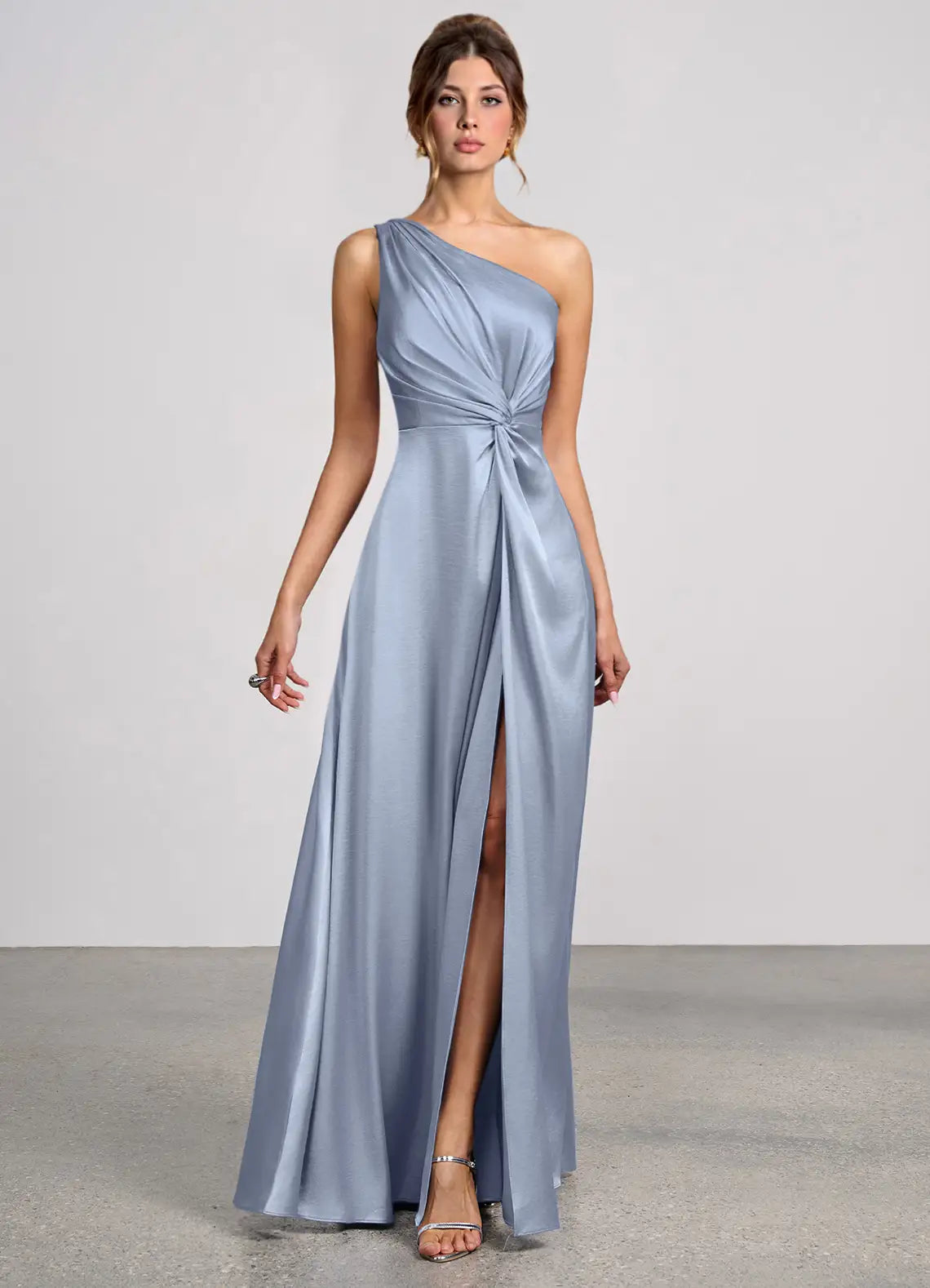 Dusty Blue One Shoulder Twist Front High Slit A Line Maxi Satin Wedding Guest Dress