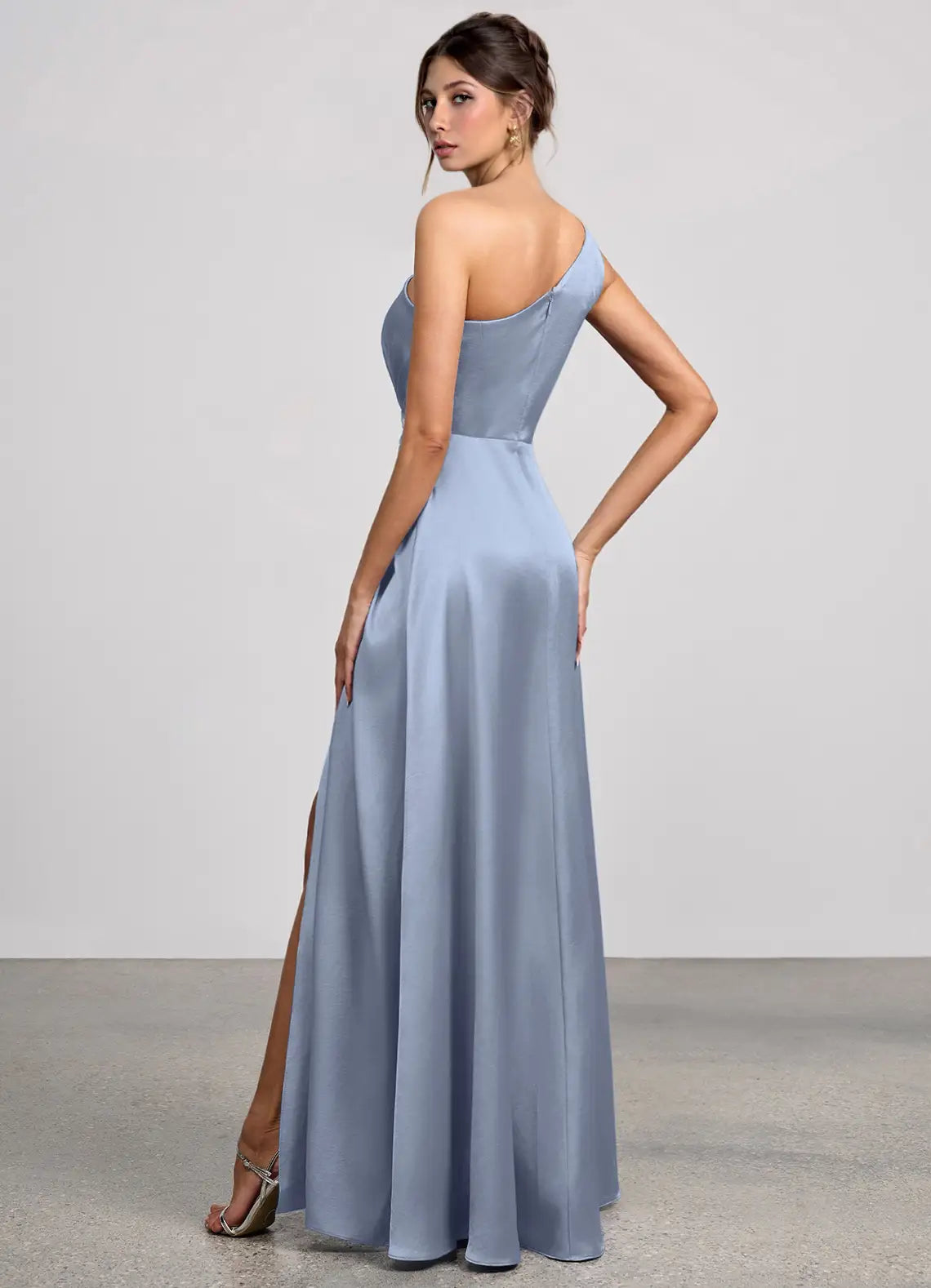 Dusty Blue One Shoulder Twist Front High Slit A Line Maxi Satin Wedding Guest Dress