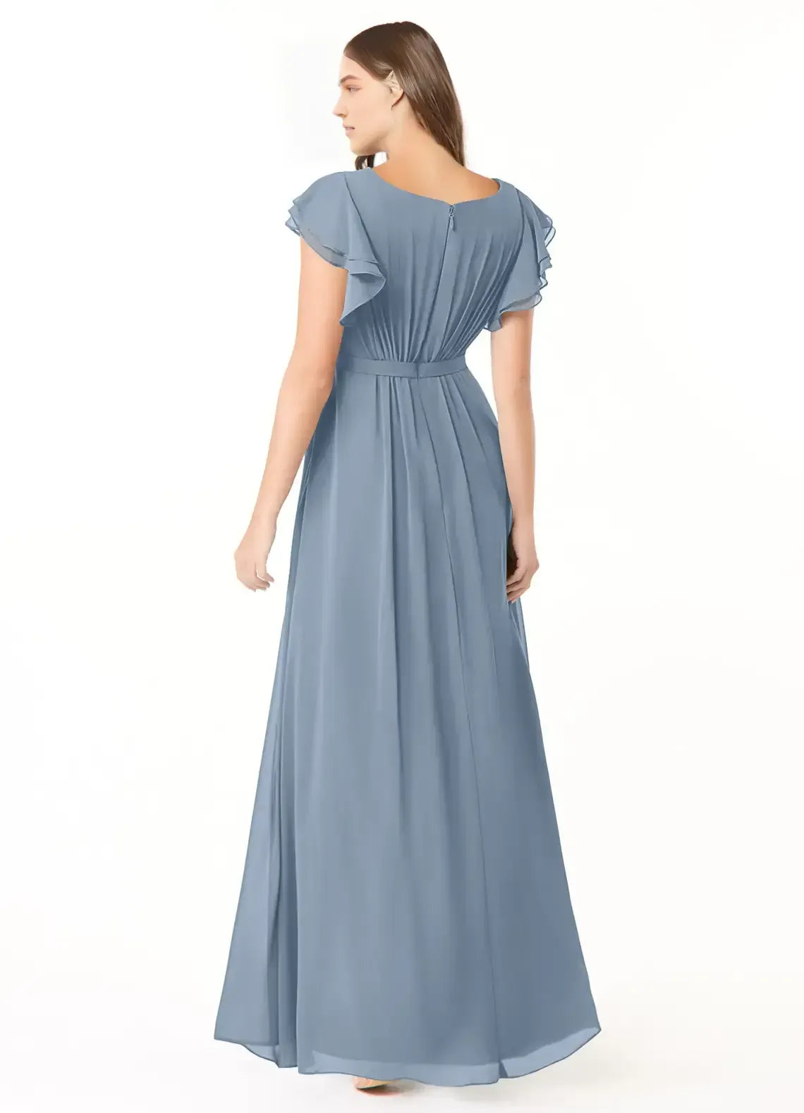 Dusty Blue Round Neck Flutter Short Sleeve Waistband Pleated Floor Length A Line Chiffon Bridesmaid Dress