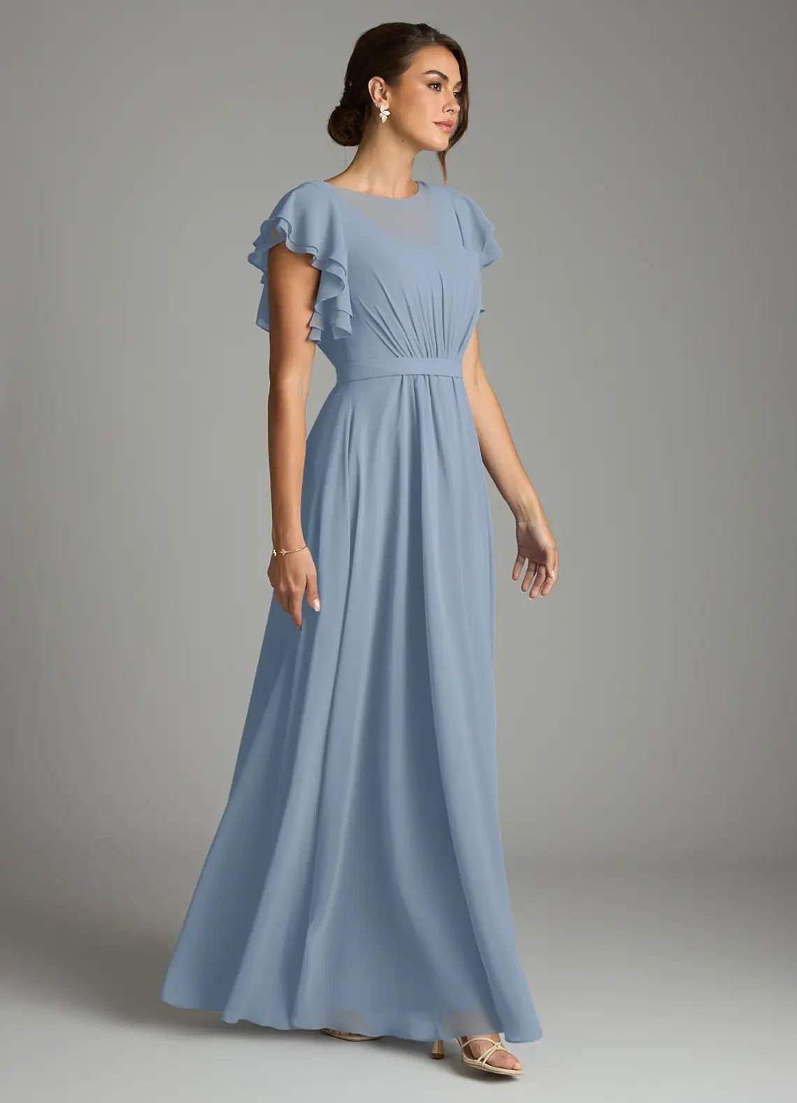 Dusty Blue Ruffle Short Sleeve Round Waist A Line Chiffon Maxi Bridesmaid Dress