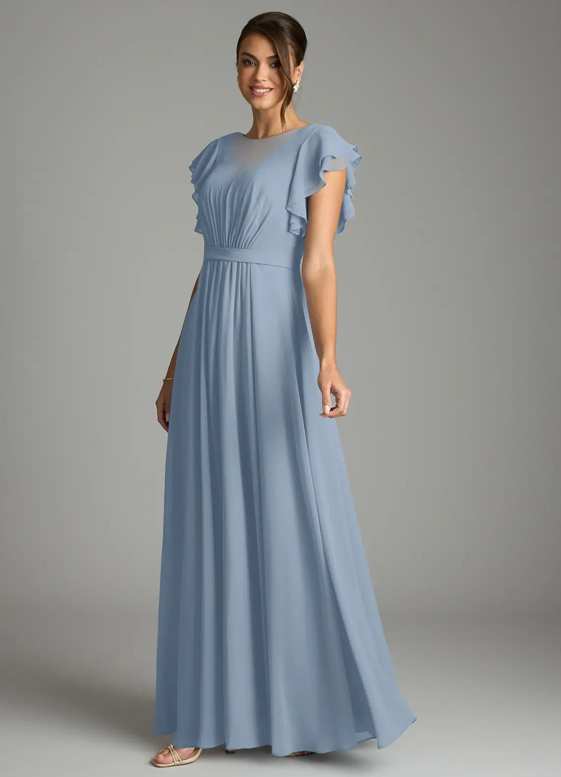 Dusty Blue Ruffle Short Sleeve Round Waist A Line Chiffon Maxi Bridesmaid Dress
