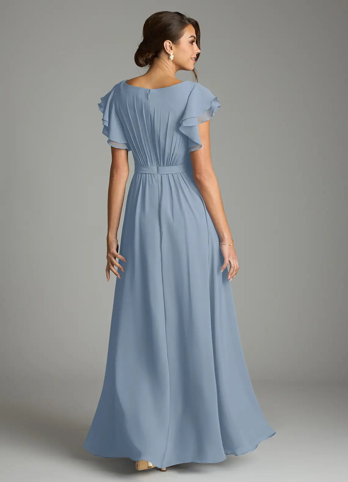 Dusty Blue Ruffle Short Sleeve Round Waist A Line Chiffon Maxi Bridesmaid Dress