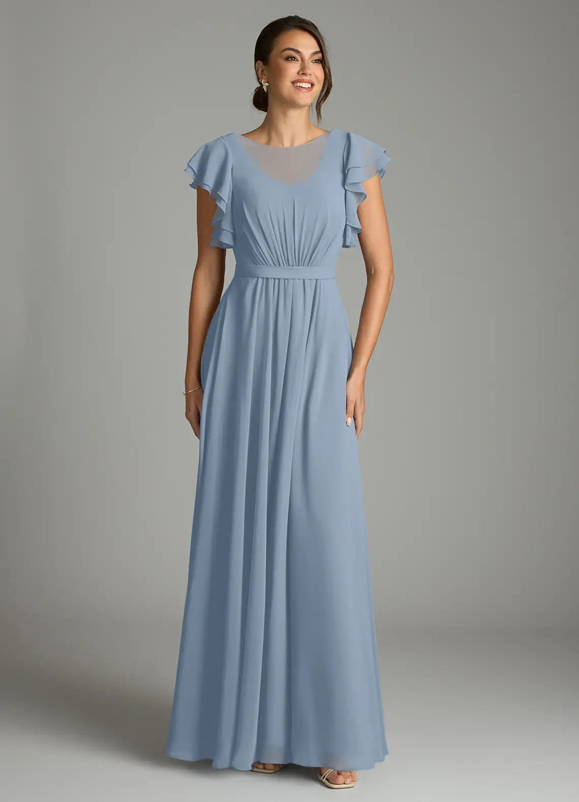 Dusty Blue Ruffle Short Sleeve Round Waist A Line Chiffon Maxi Bridesmaid Dress