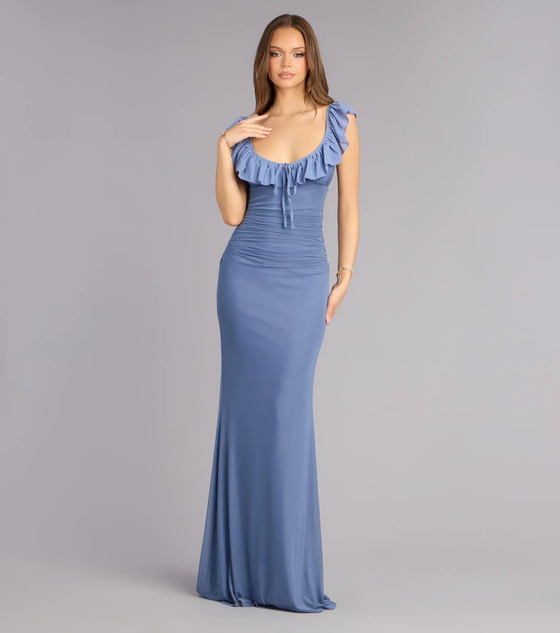 Dusty Blue Ruffle Sleeve Tie Back Ruched Mermaid Maxi Wedding Guest Dress