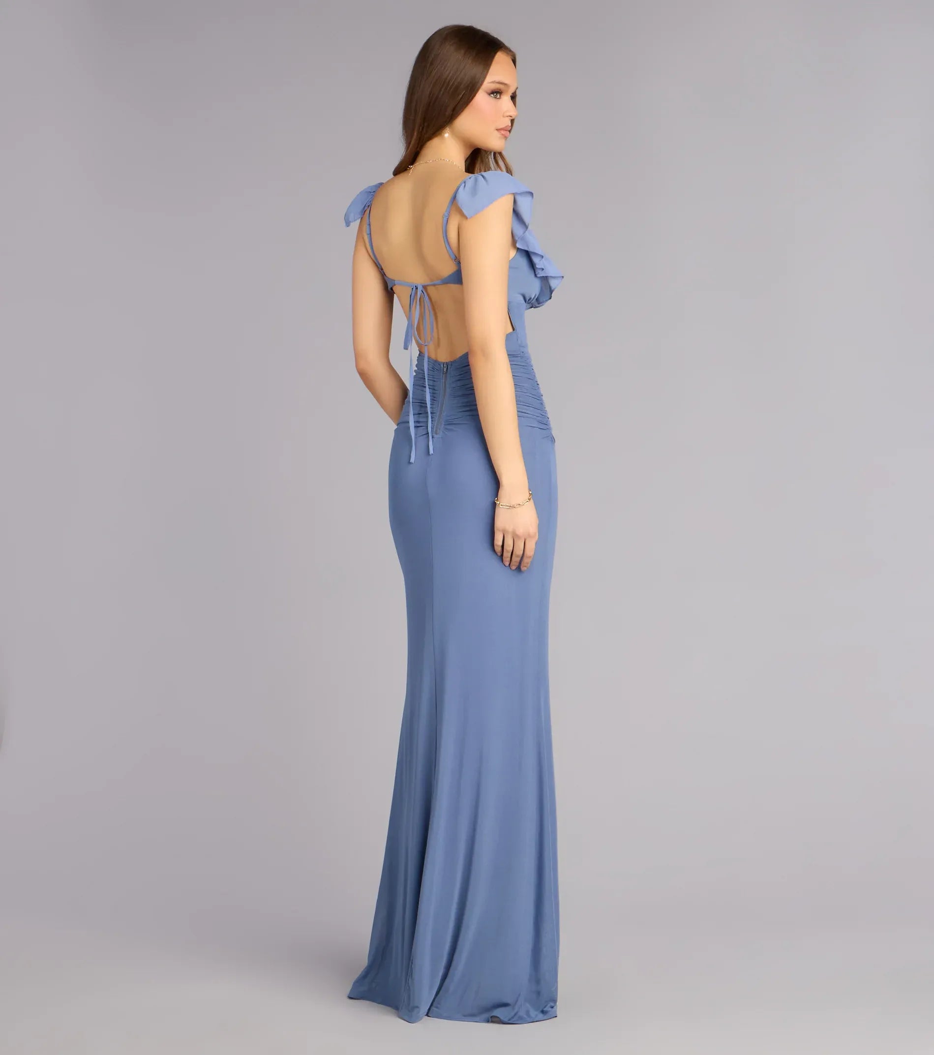 Dusty Blue Ruffle Sleeve Tie Back Ruched Mermaid Maxi Wedding Guest Dress