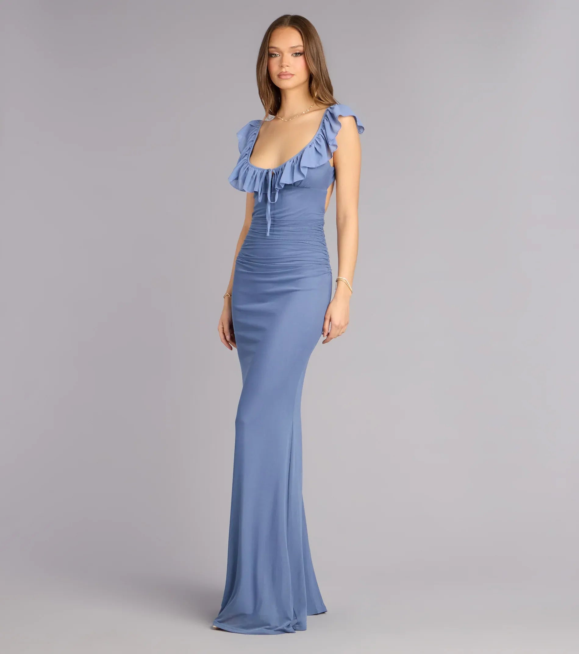 Dusty Blue Ruffle Sleeve Tie Back Ruched Mermaid Maxi Wedding Guest Dress