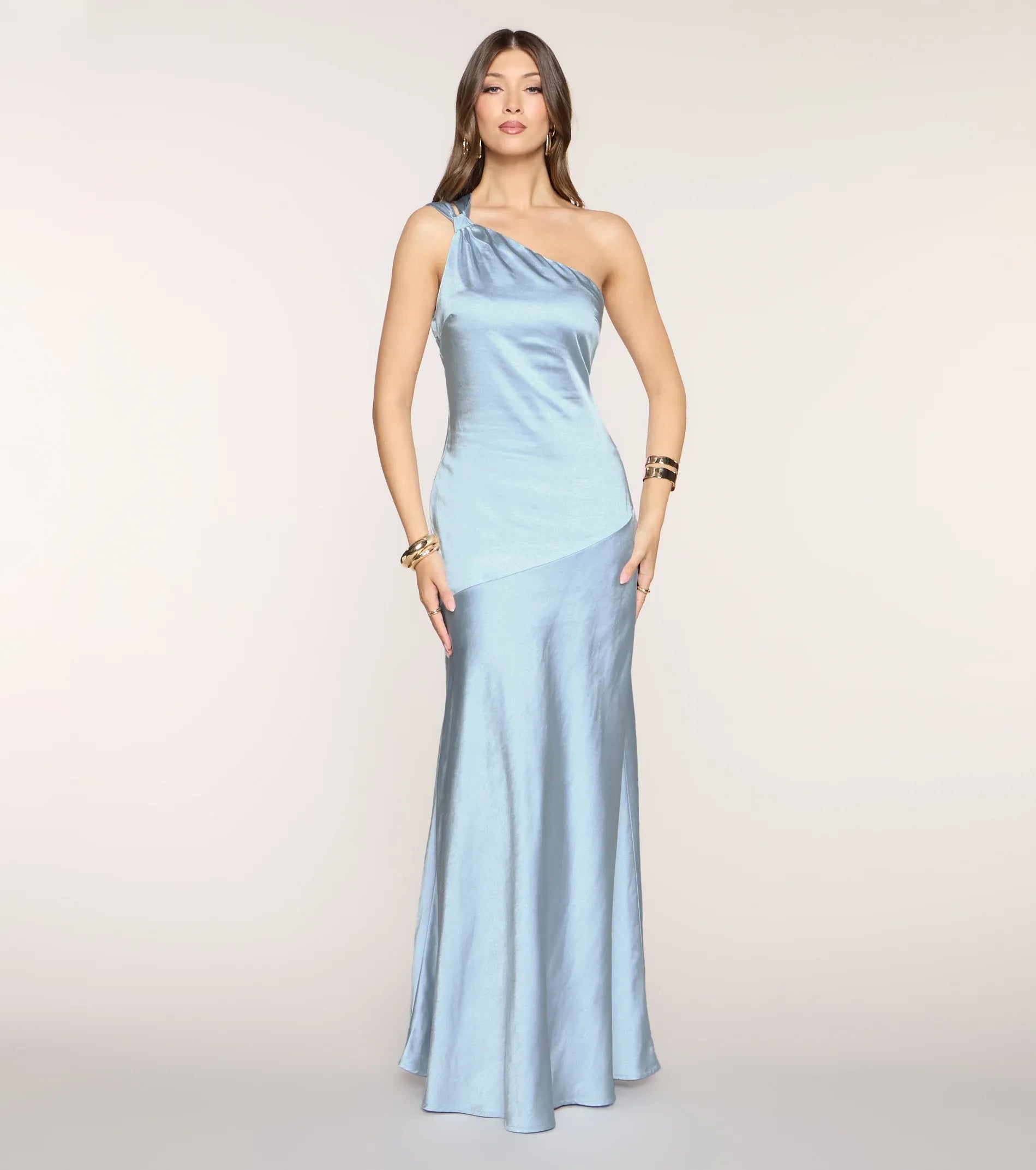 Dusty Blue Satin Knot One Shoulder Cross Open Back Mermaid Floor Length Wedding Guest Dresses