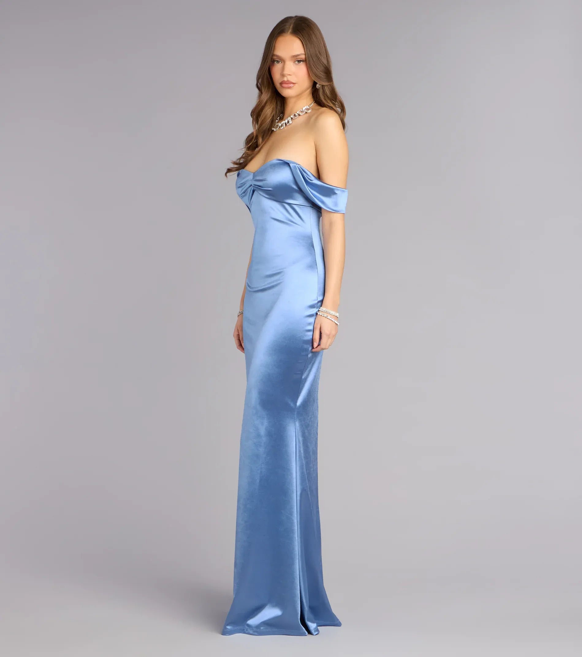 Dusty Blue Satin Off Shoulder Twist Mermaid Floor Length Formal Gown