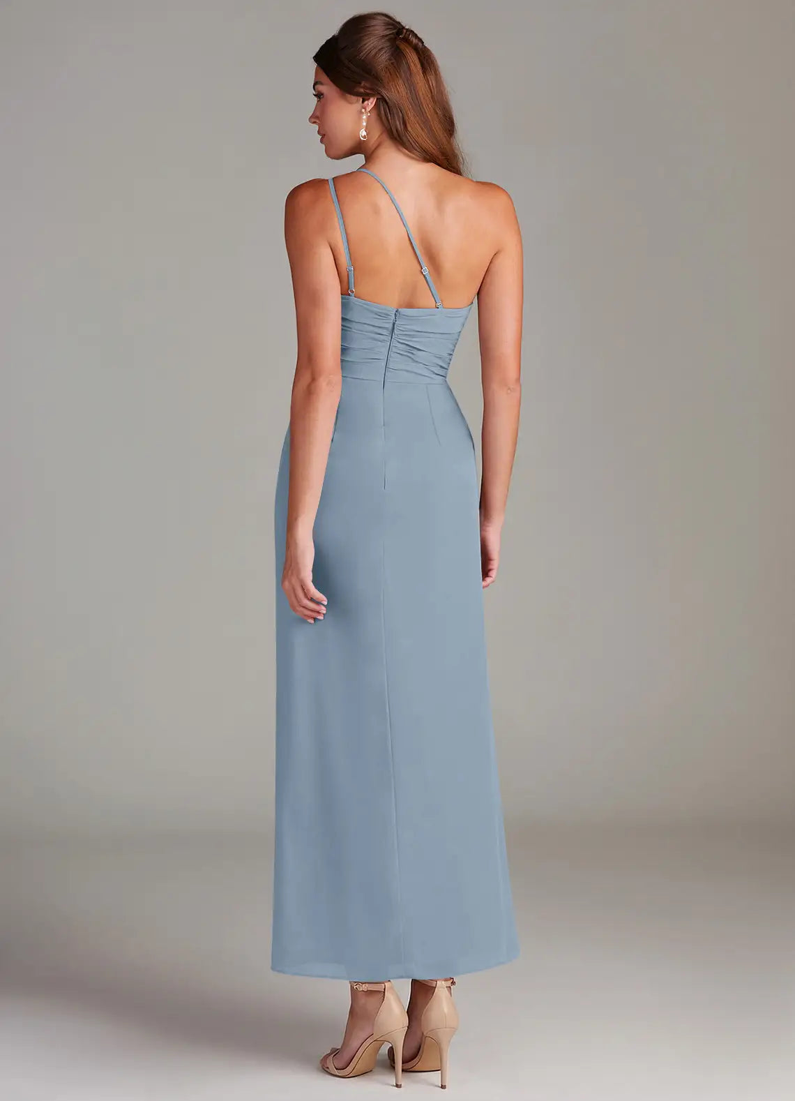 Dusty Blue Single Strap Ruched High Slit Midi Chiffon Bridesmaid Dress
