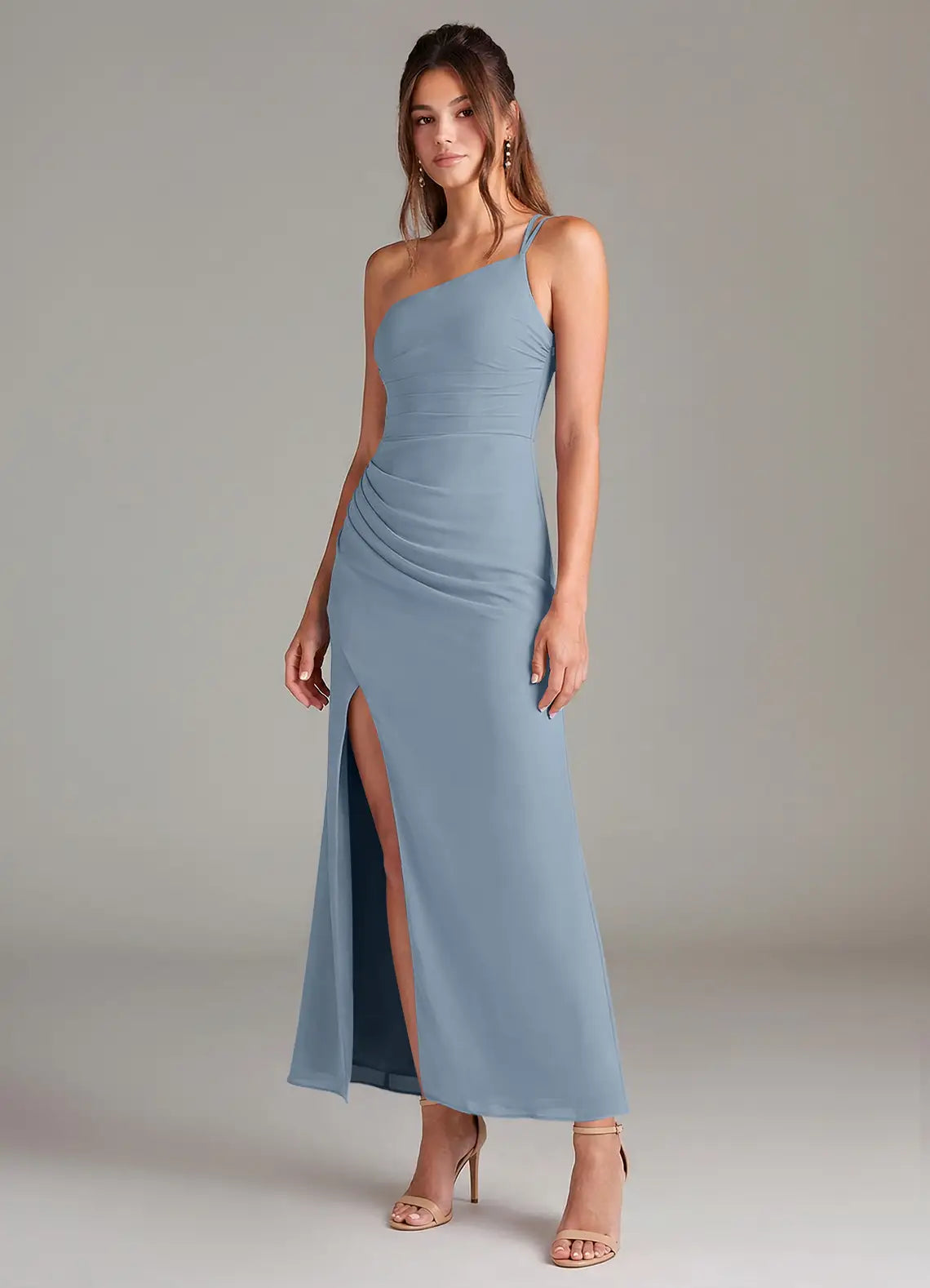 Dusty Blue Single Strap Ruched High Slit Midi Chiffon Bridesmaid Dress