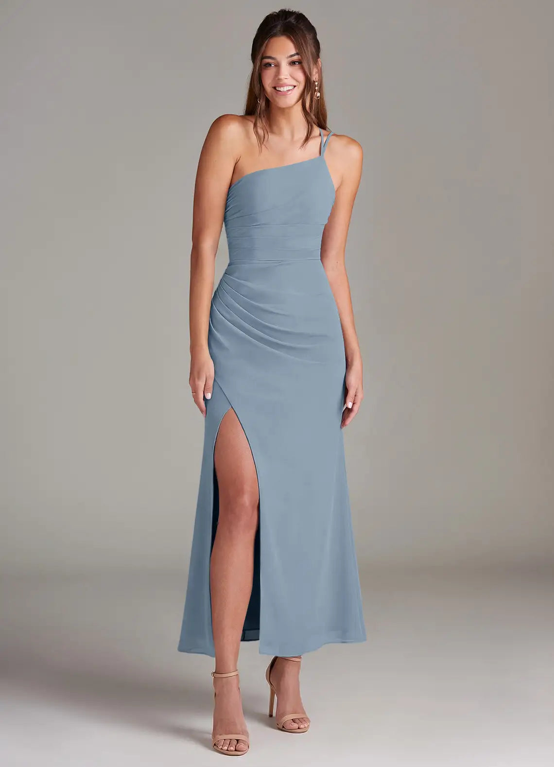 Dusty Blue Single Strap Ruched High Slit Midi Chiffon Bridesmaid Dress