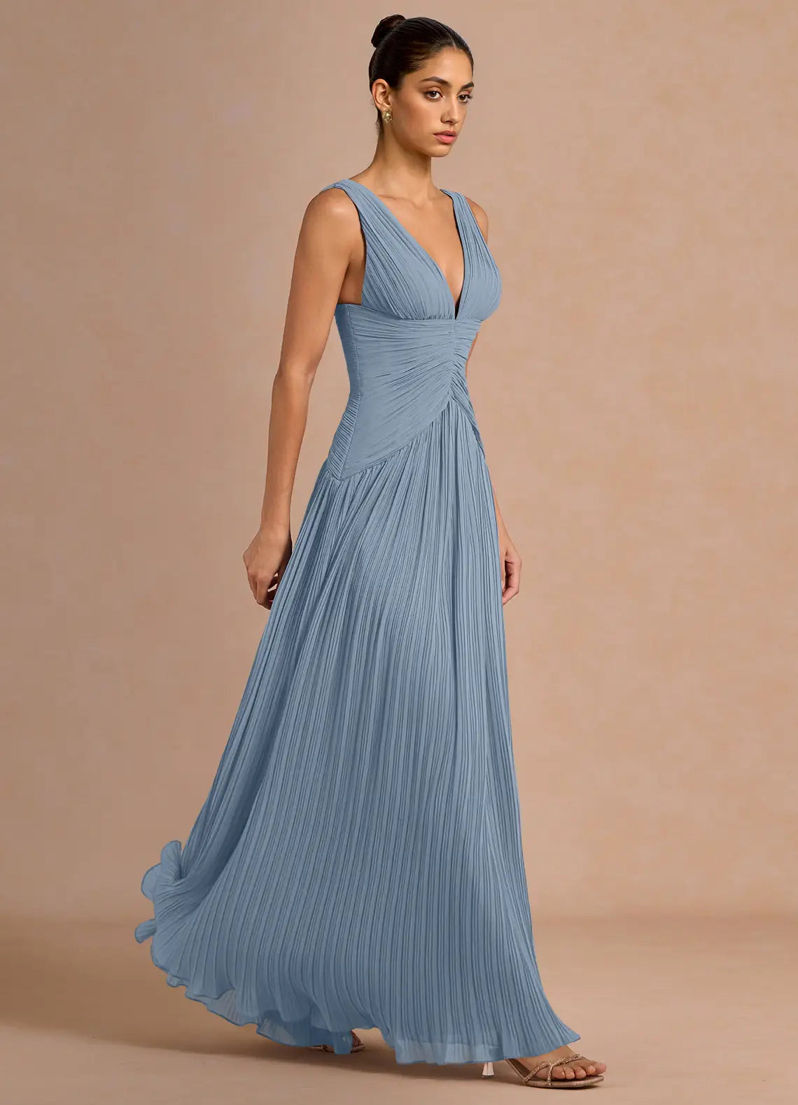 Dusty Blue Sleeveless Deep V Ruched Pleated A-Line Maxi Wedding Guest Dress