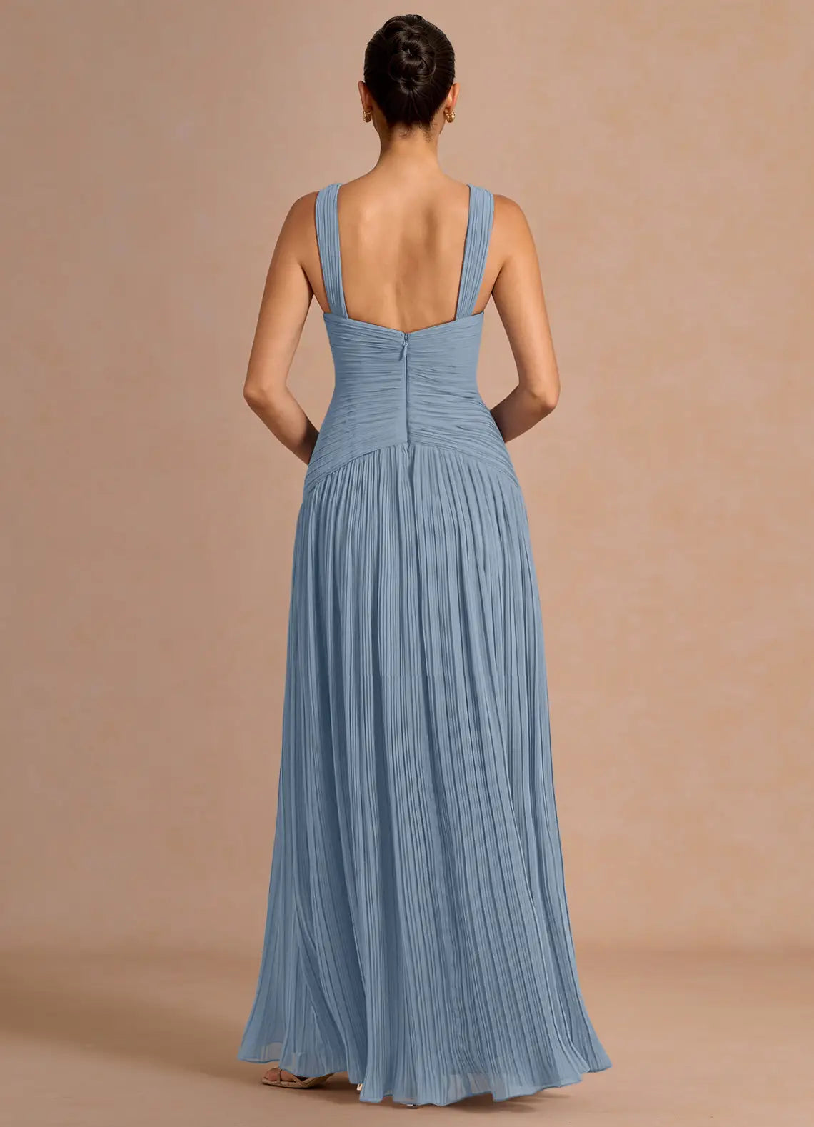 Dusty Blue Sleeveless Deep V Ruched Pleated A-Line Maxi Wedding Guest Dress