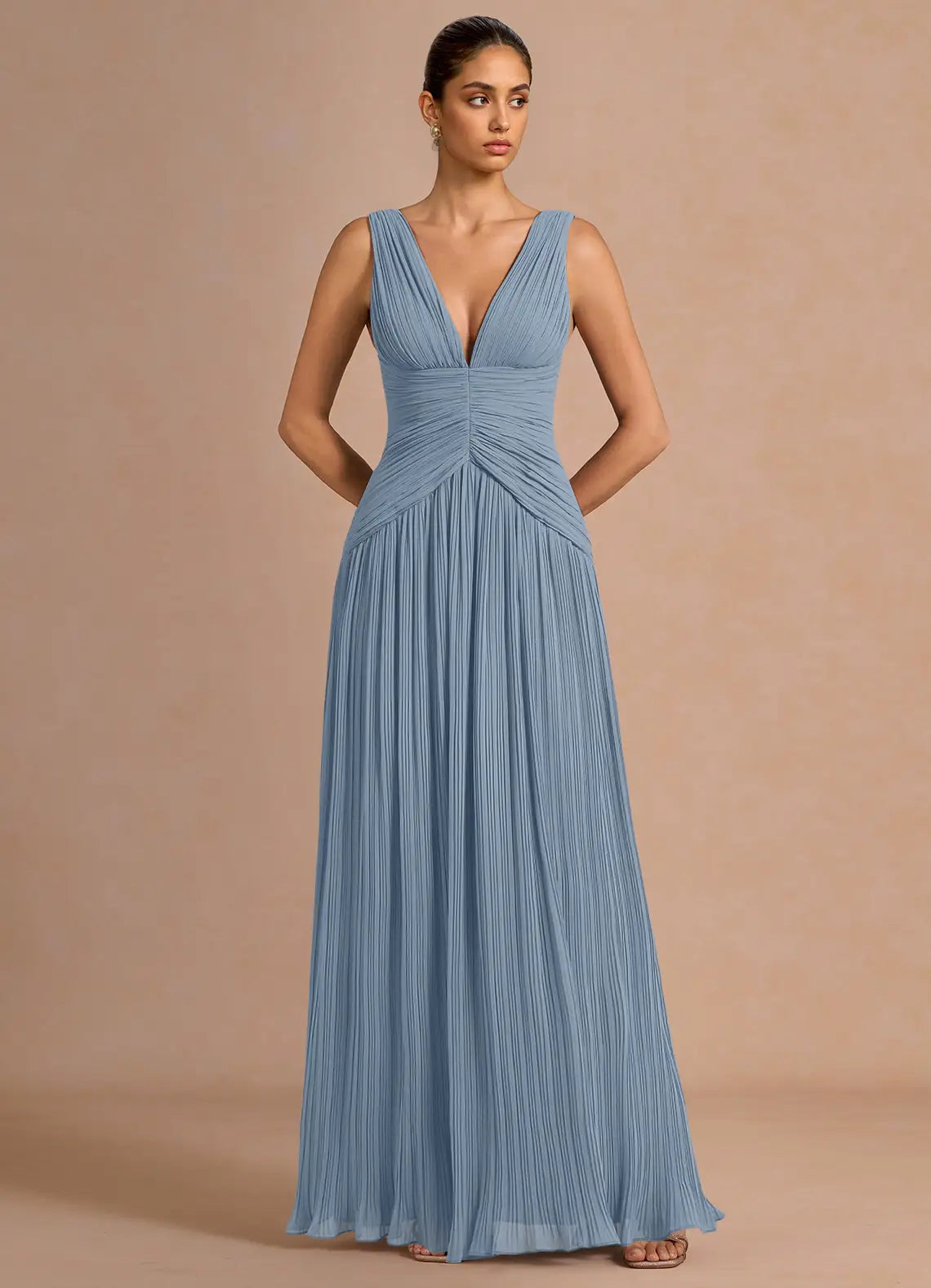 Dusty Blue Sleeveless Deep V Ruched Pleated A-Line Maxi Wedding Guest Dress