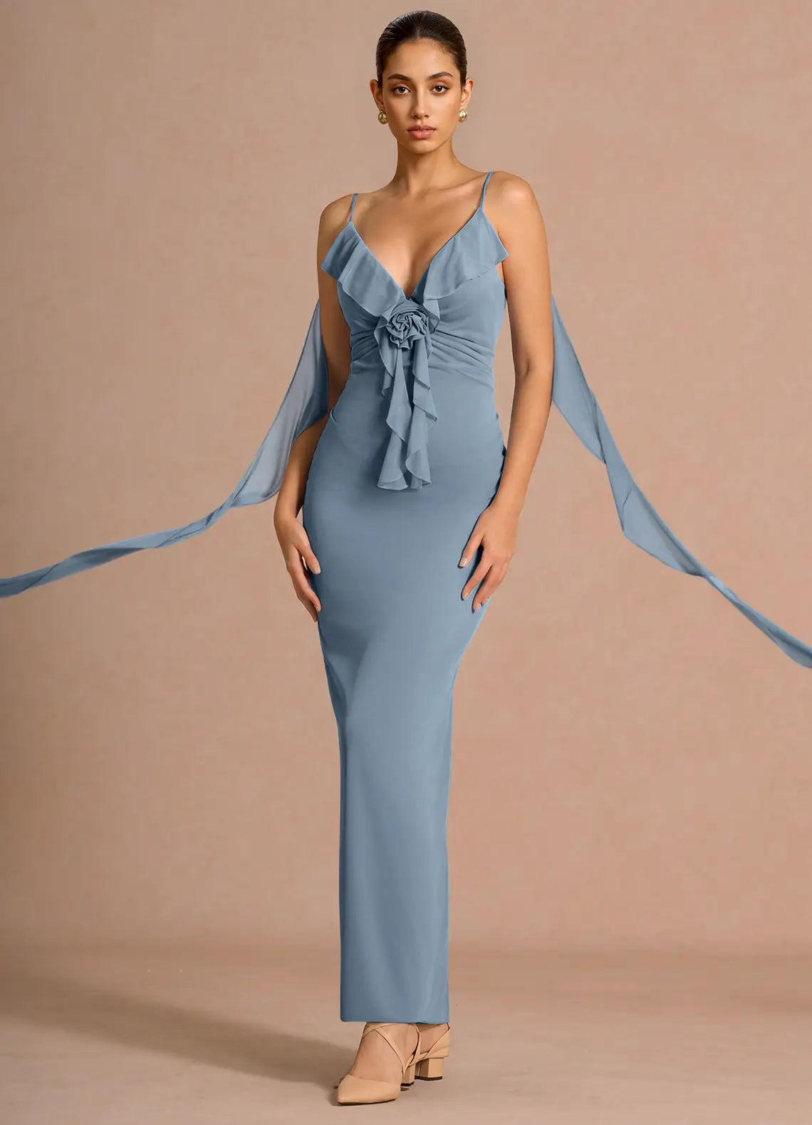 Dusty Blue Spaghetti Strap Ruffle Floral Cape Mermaid Maxi Wedding Guest Dress