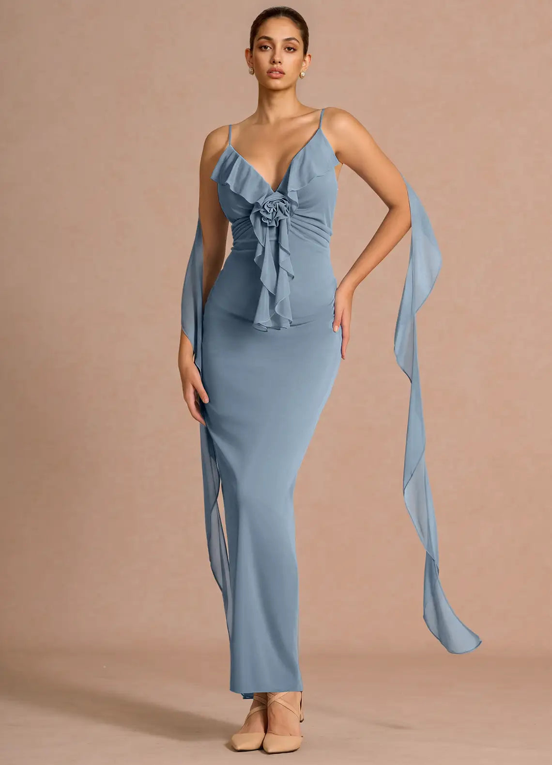 Dusty Blue Spaghetti Strap Ruffle Floral Cape Mermaid Maxi Wedding Guest Dress