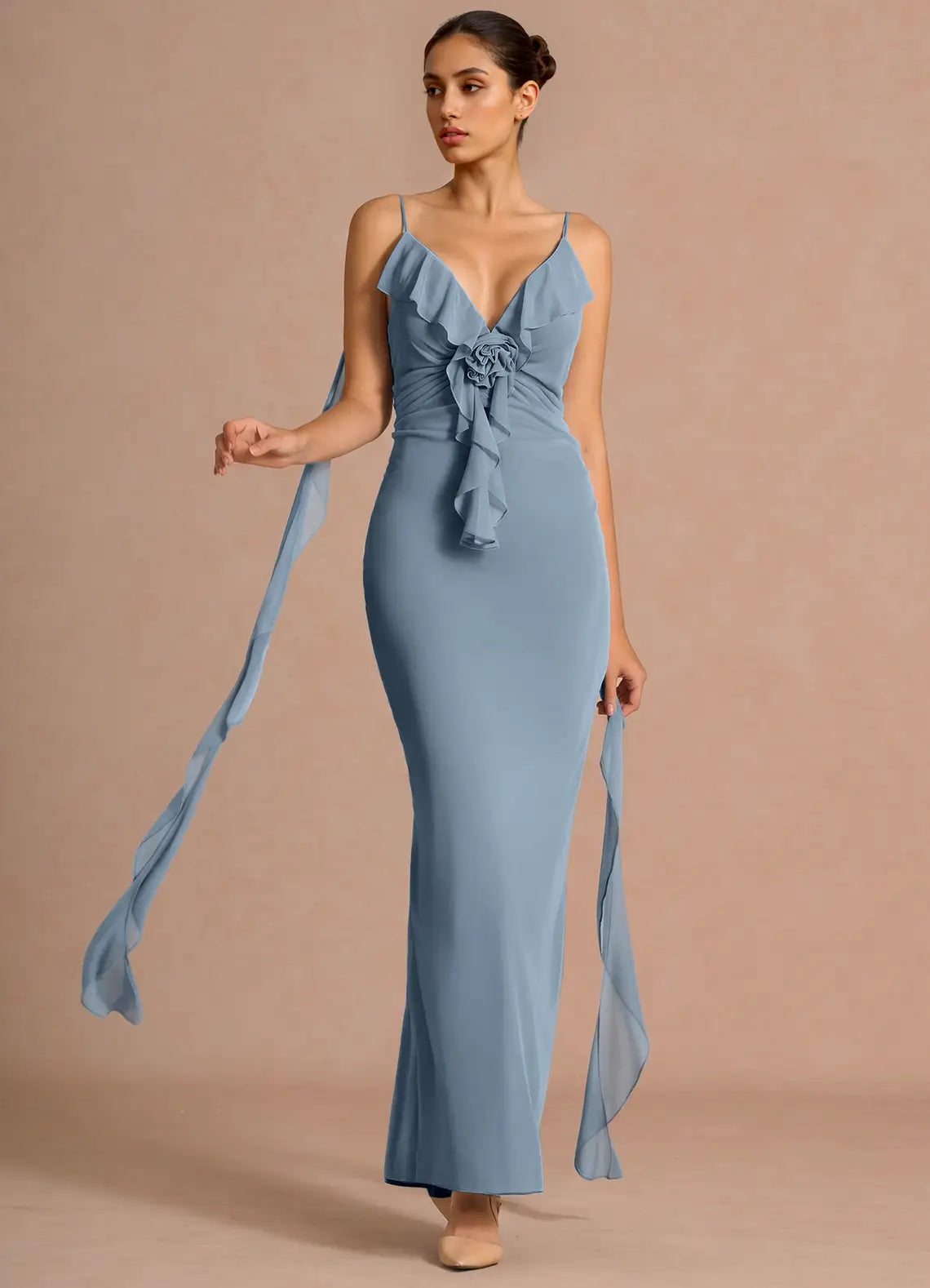 Dusty Blue Spaghetti Strap Ruffle Floral Cape Mermaid Maxi Wedding Guest Dress