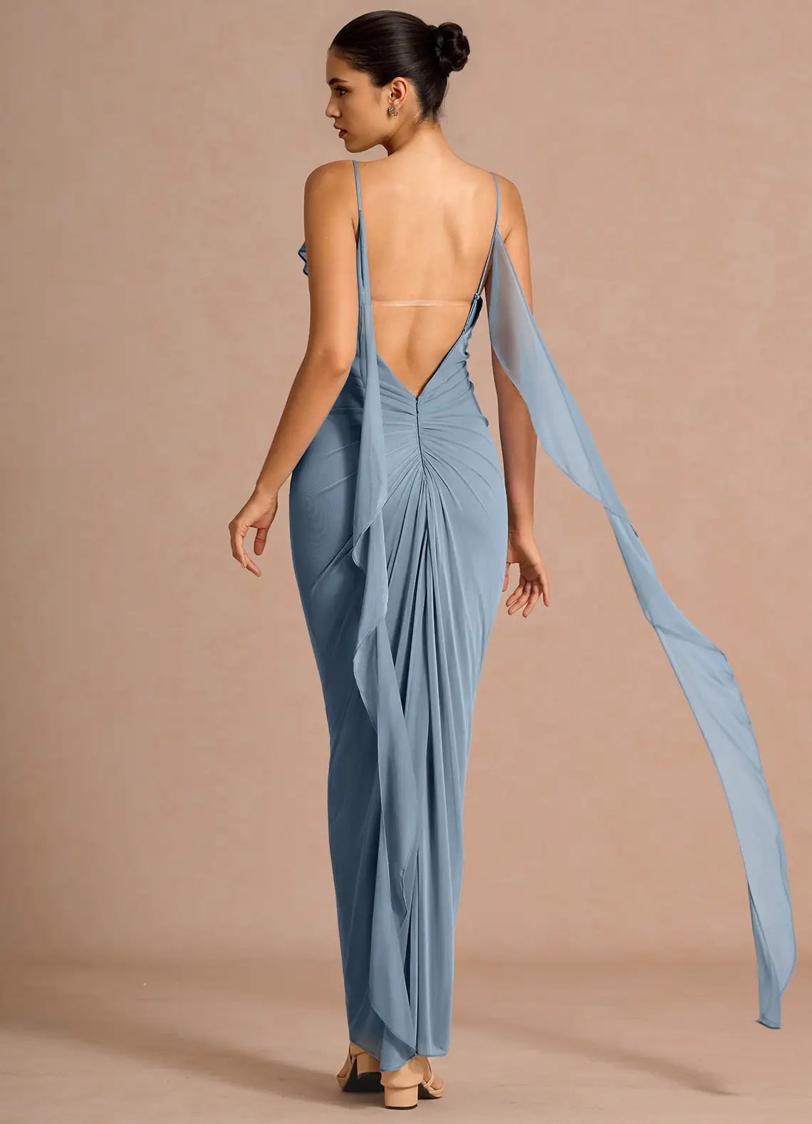 Dusty Blue Spaghetti Strap Ruffle Floral Cape Mermaid Maxi Wedding Guest Dress
