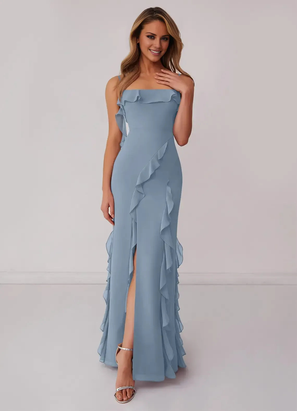 Dusty Blue Spaghetti Strap Ruffle High Slit Back Tie Floor Length Chiffon Bridesmaid Dress
