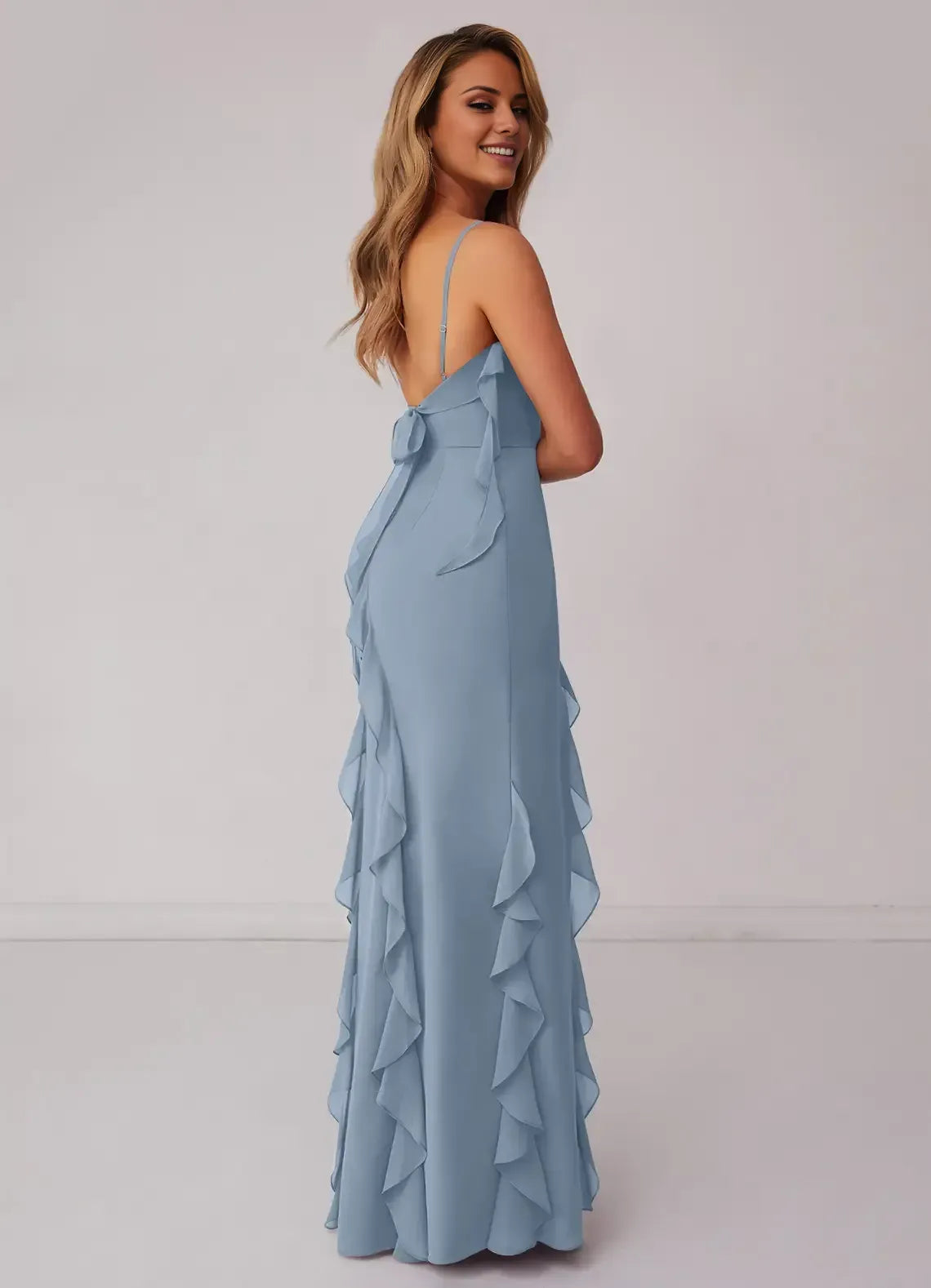 Dusty Blue Spaghetti Strap Ruffle High Slit Back Tie Floor Length Chiffon Bridesmaid Dress