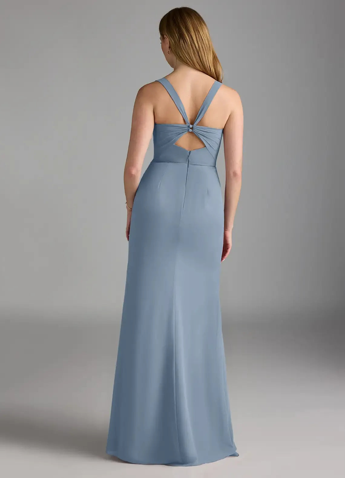 Dusty Blue Square Neck Back Twist Cutout High Slit Floor Length Mermaid Chiffon Bridesmaid Dress
