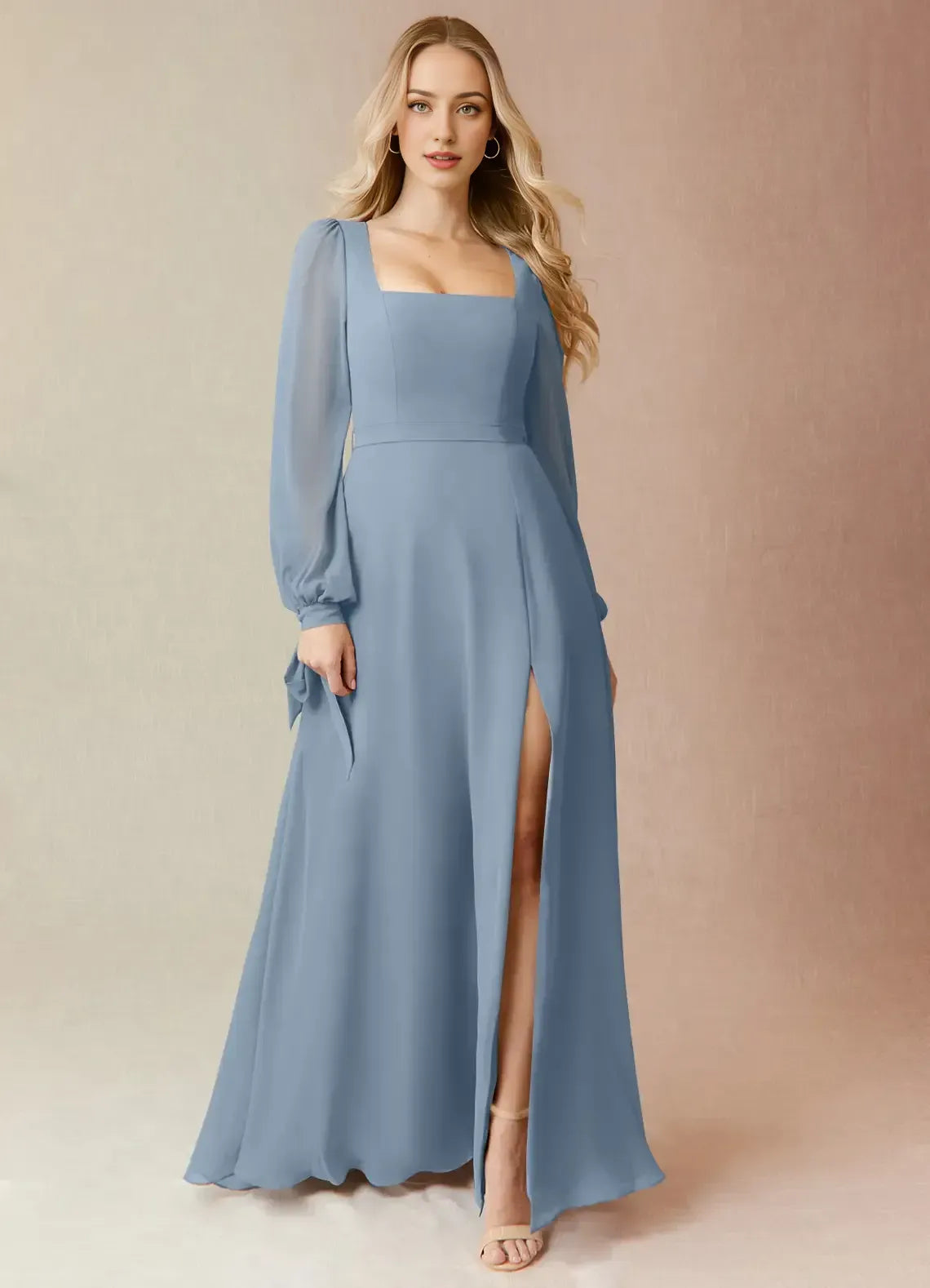 Dusty Blue Square Neck Puff Long Sleeve Side Bow High Slit Floor Length A Line Chiffon Bridesmaid Dress