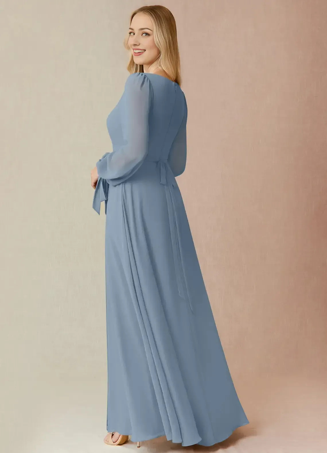 Dusty Blue Square Neck Puff Long Sleeve Side Bow High Slit Floor Length A Line Chiffon Bridesmaid Dress