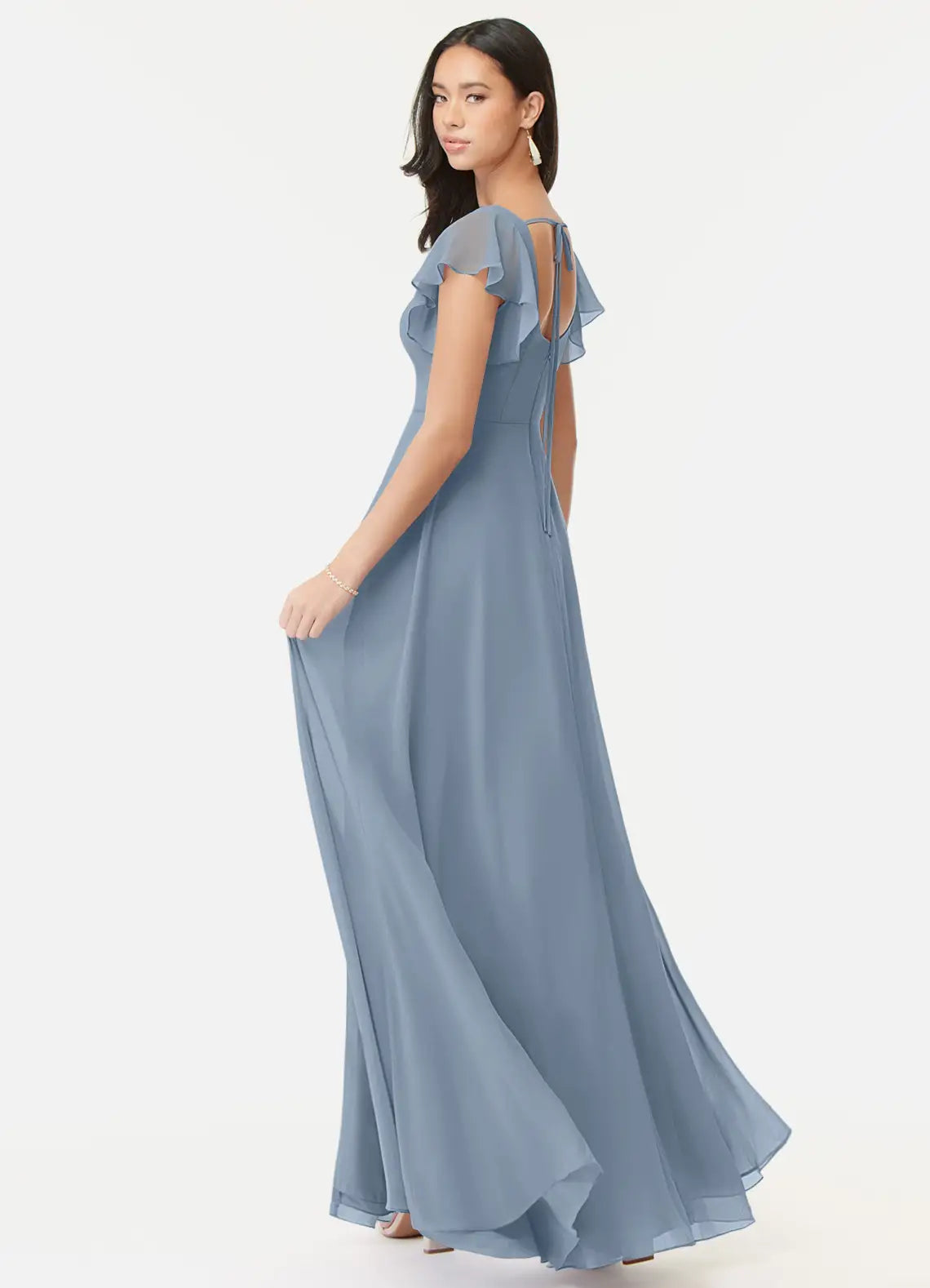 Dusty Blue Square Neck Ruffle Sleeve Tie Back High Slit Chiffon Maxi Bridesmaid Dress