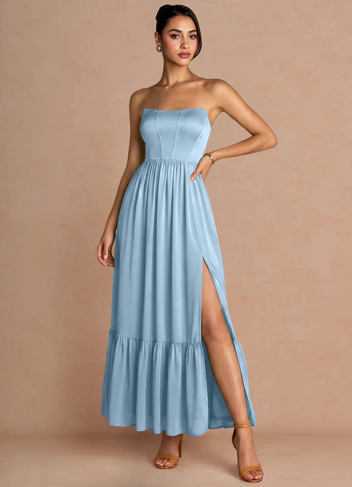 Dusty Blue Strapless Corset Lace Up Ruffle Slit Satin Maxi Bridesmaid Dress