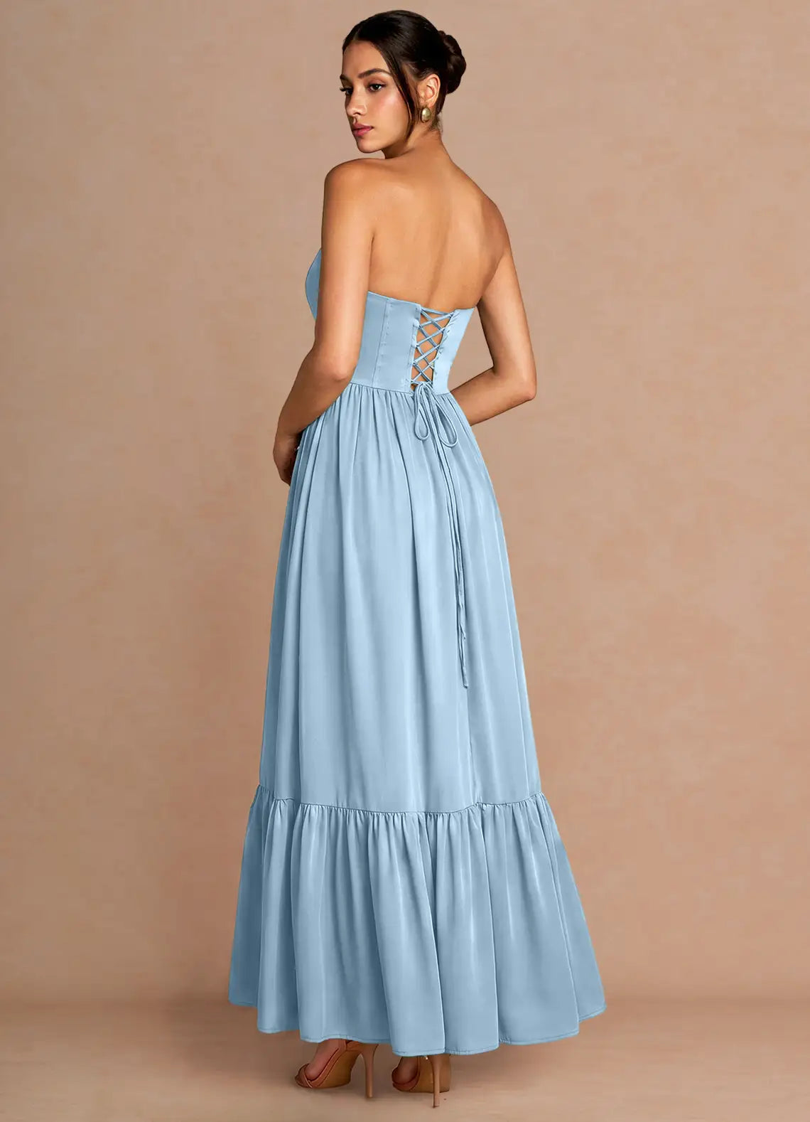 Dusty Blue Strapless Corset Lace Up Ruffle Slit Satin Maxi Bridesmaid Dress