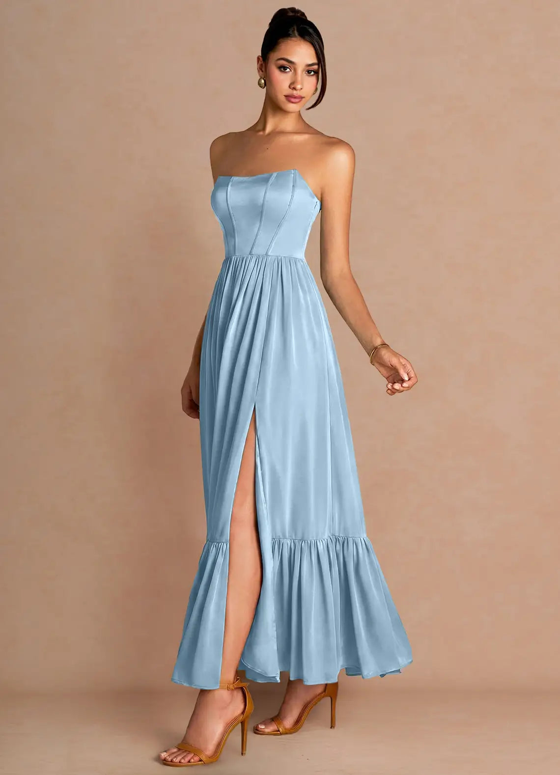 Dusty Blue Strapless Corset Lace Up Ruffle Slit Satin Maxi Bridesmaid Dress